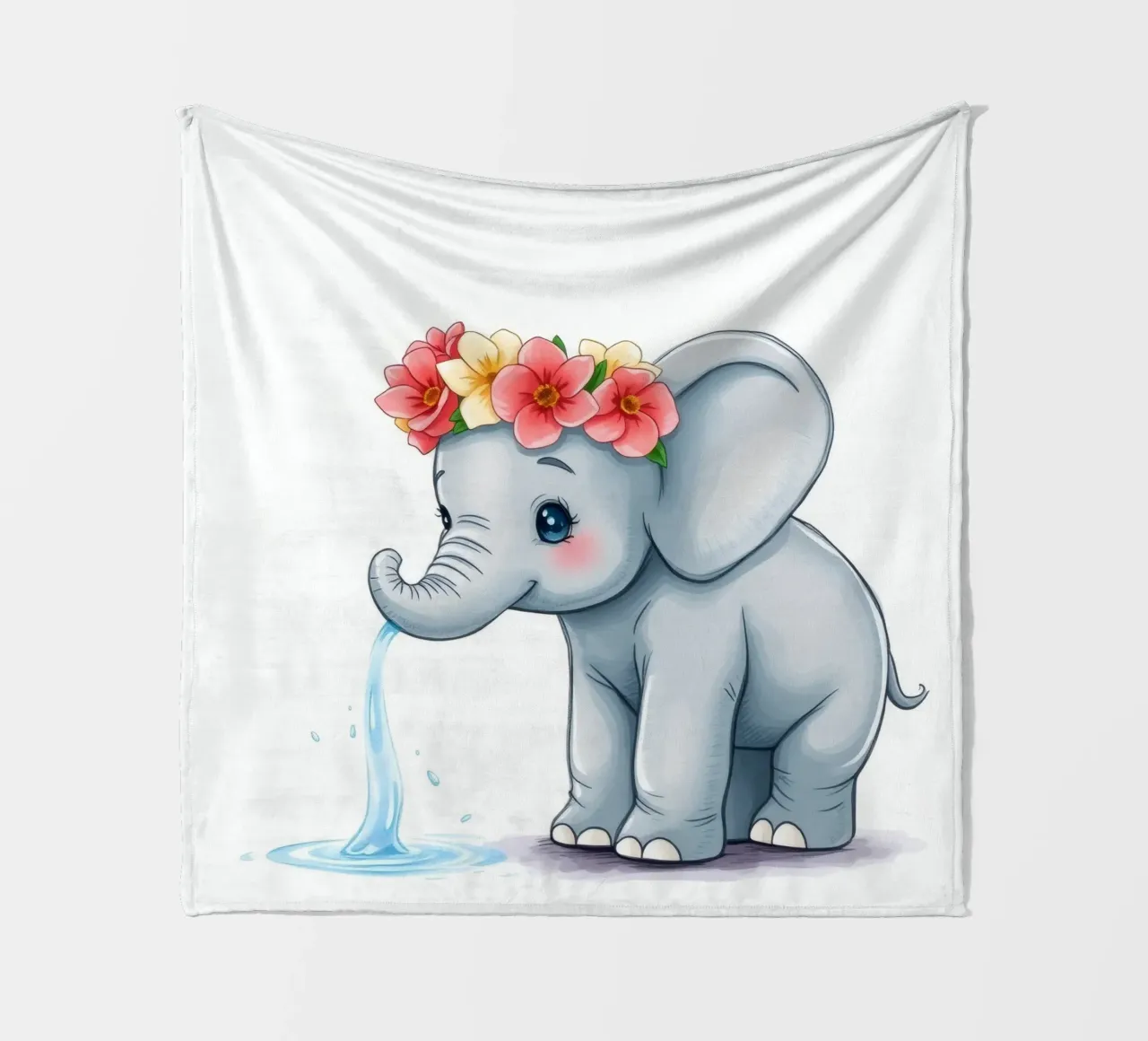 Cute elephant wearing floral crown playfully squirting water fleece blanket by DesignDoodle