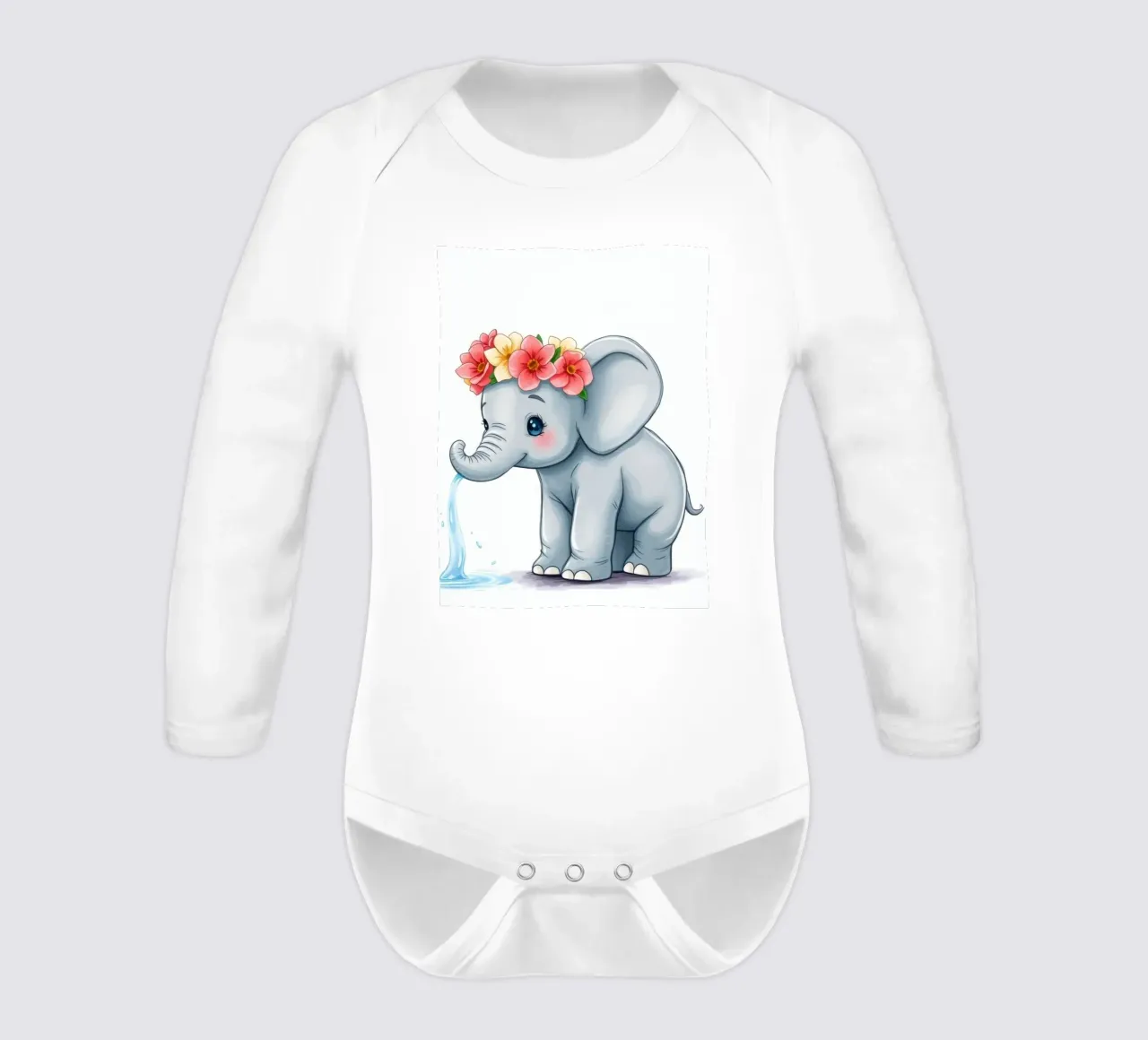 Cute elephant wearing floral crown playfully squirting water long-sleeve baby romper by DesignDoodle