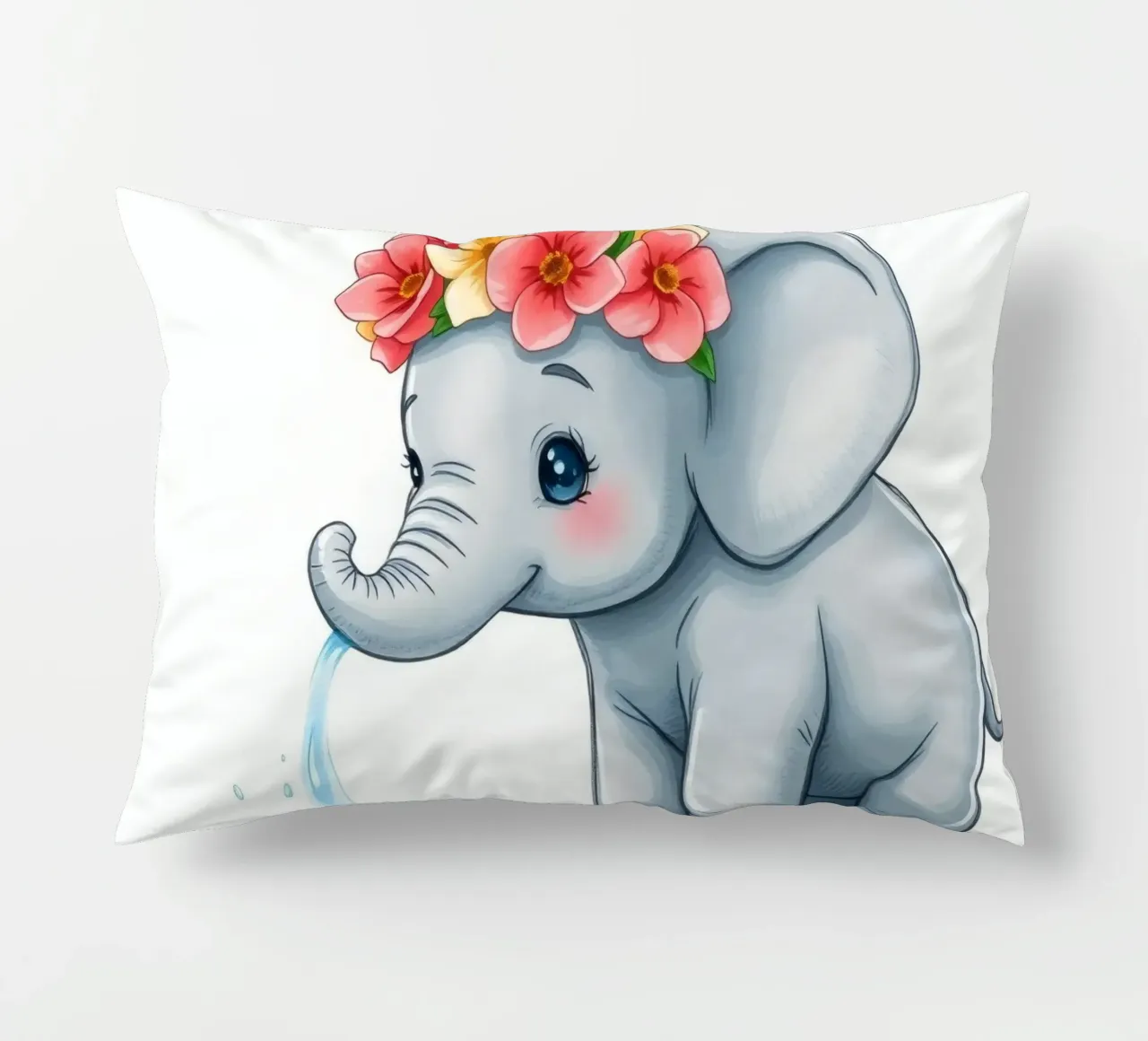 Cute elephant wearing floral crown playfully squirting water decorative cushion by DesignDoodle