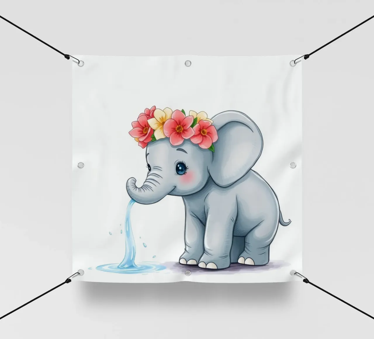 Elefante carino con corona floreale che spruzza acqua in modo giocoso telo in pvc da DesignDoodle