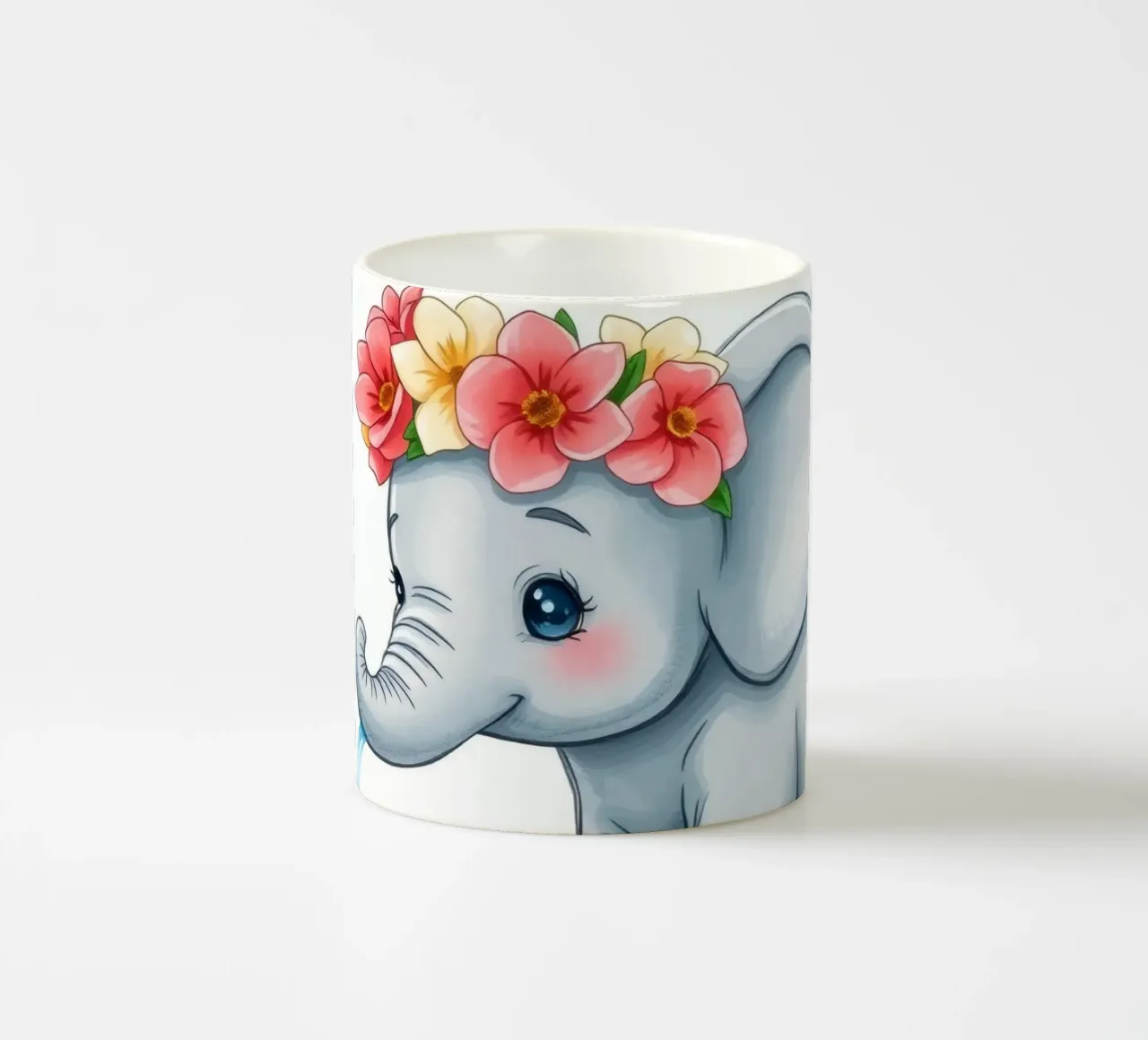 Cute elephant wearing floral crown playfully squirting water ceramic mug by DesignDoodle