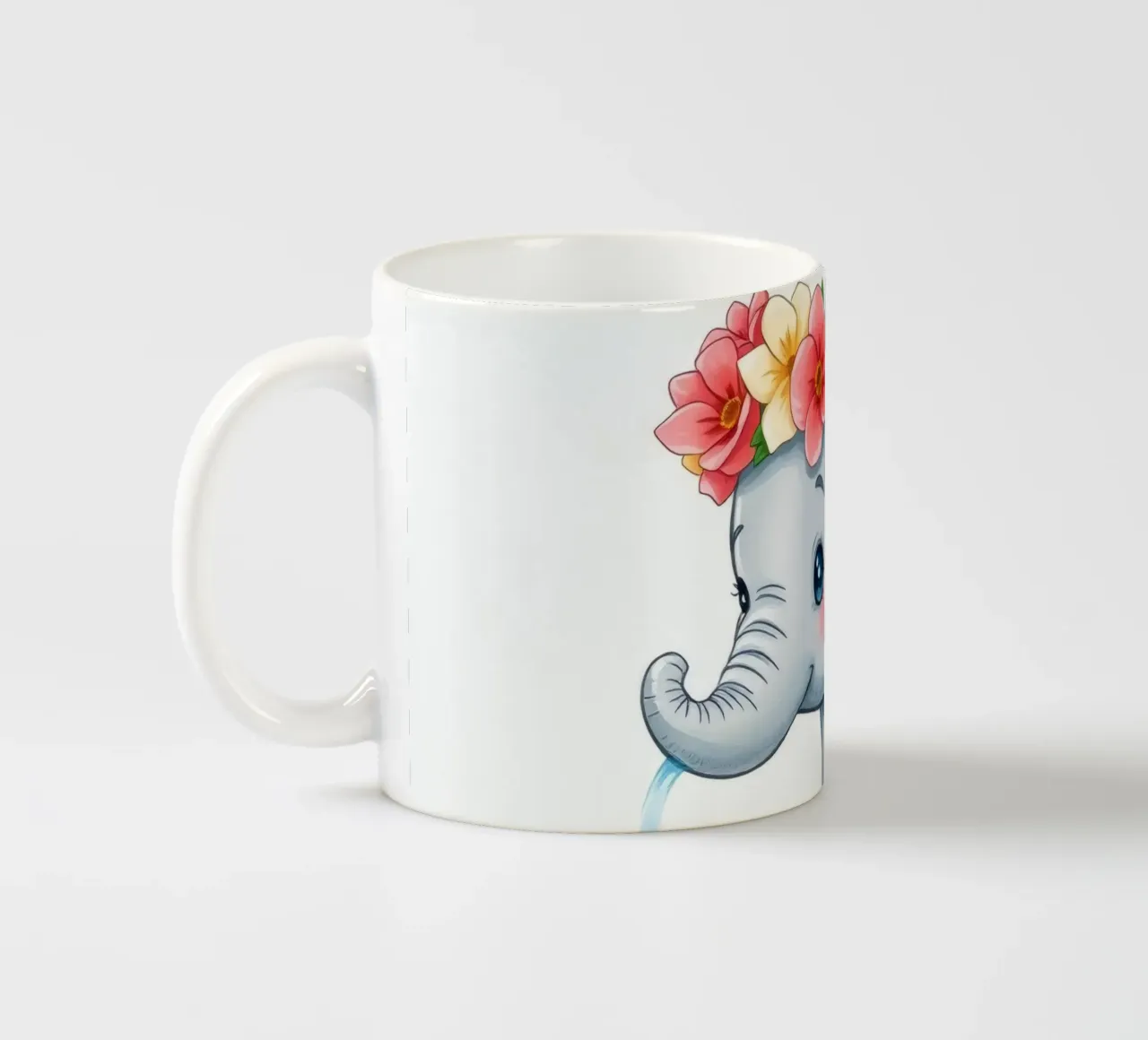 Cute elephant wearing floral crown playfully squirting water ceramic mug by DesignDoodle