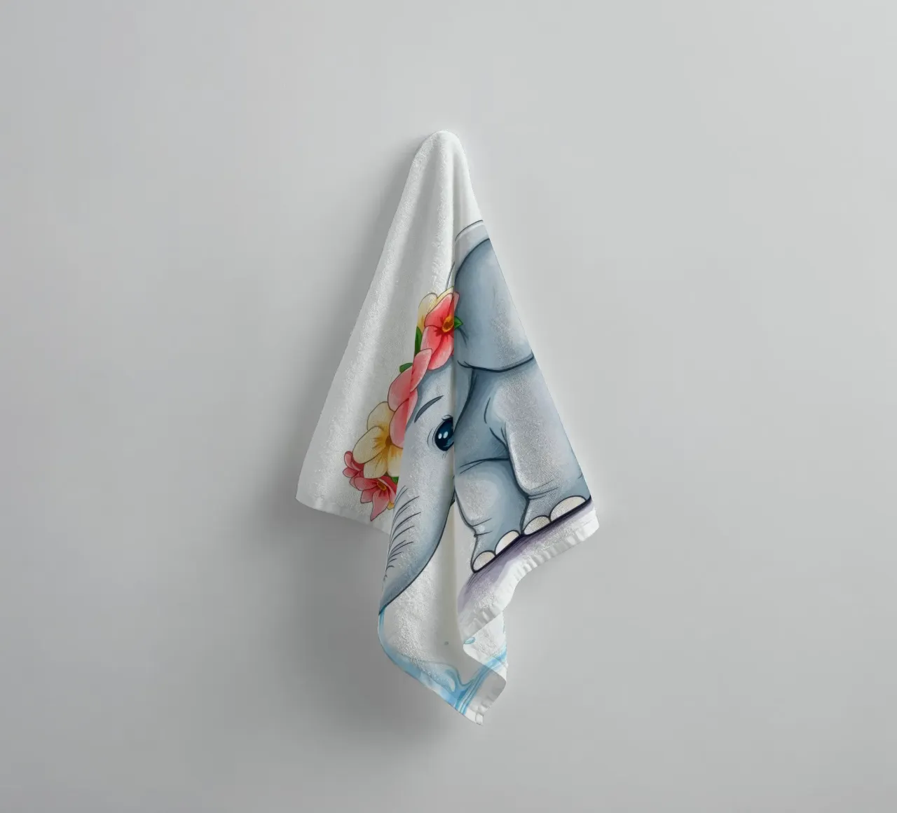 Cute elephant wearing floral crown playfully squirting water towel by DesignDoodle