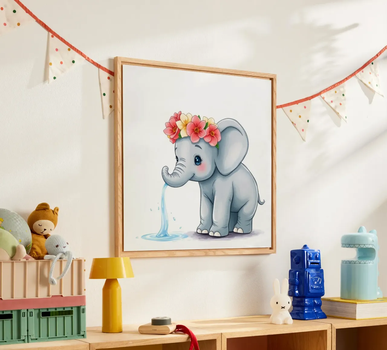 Elefante carino con corona floreale che spruzza acqua in modo giocoso plexiglass da DesignDoodle