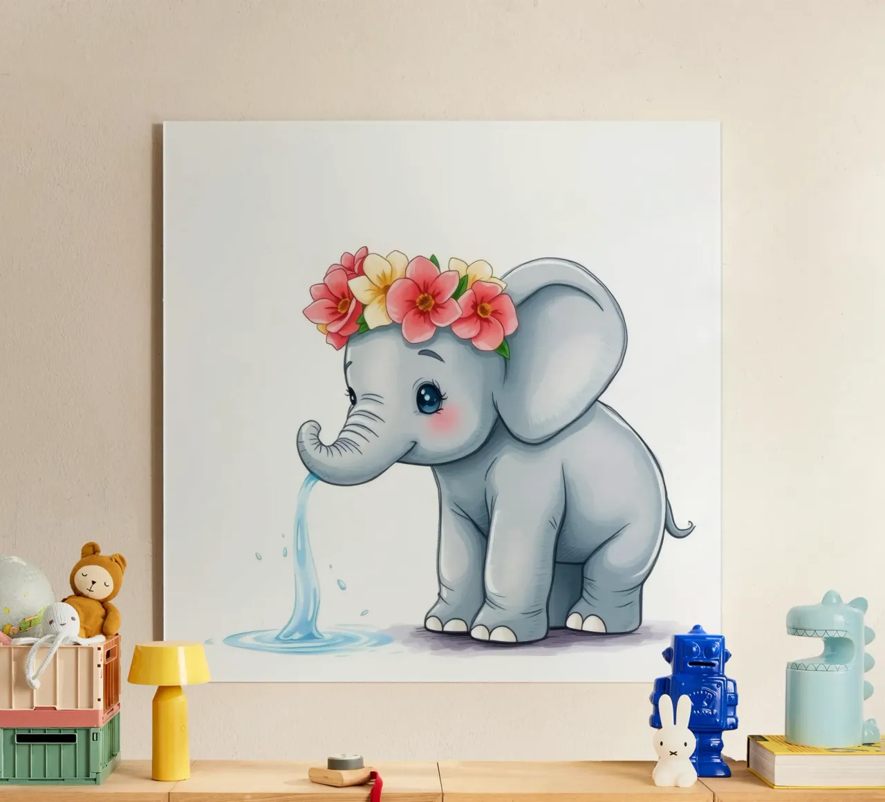 Elefante carino con corona floreale che spruzza acqua in modo giocoso plexiglass da DesignDoodle
