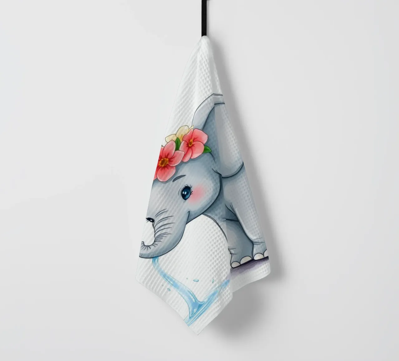 Elefante carino con corona floreale che spruzza acqua in modo giocoso canovaccio da cucina da DesignDoodle