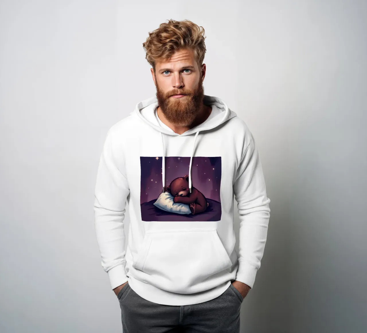 Un simpatico orso bruno coccola un cuscino sotto un cielo stellato felpa con cappuccio da DesignDoodle