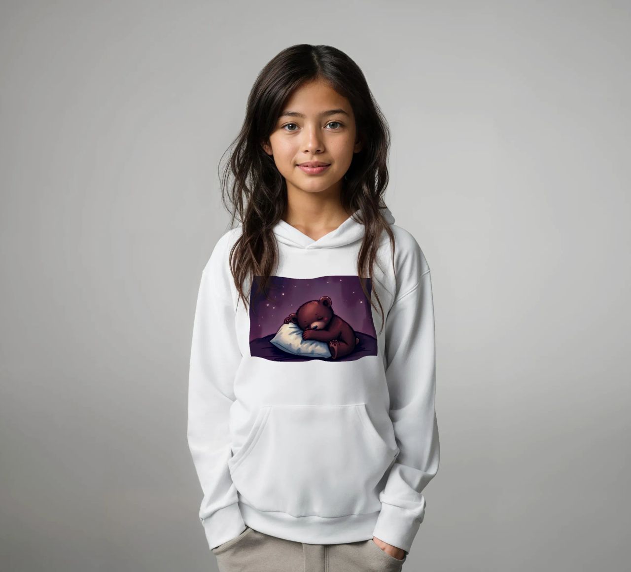 Un mignon ours brun câline un oreiller sous un ciel étoilé sweat à capuche enfant de DesignDoodle