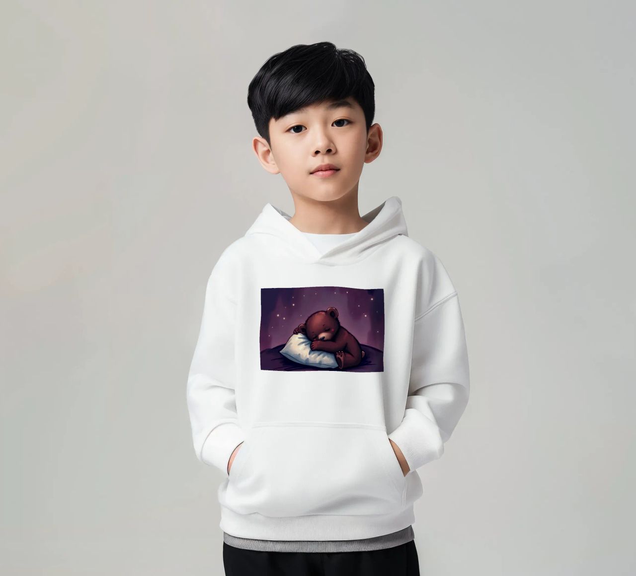 Un mignon ours brun câline un oreiller sous un ciel étoilé sweat à capuche enfant de DesignDoodle