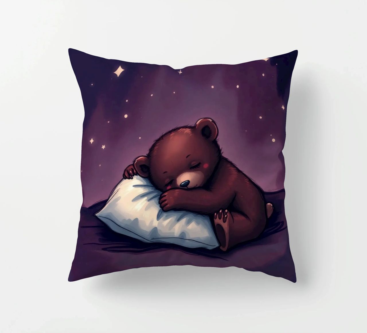 Un mignon ours brun câline un oreiller sous un ciel étoilé coussin de DesignDoodle