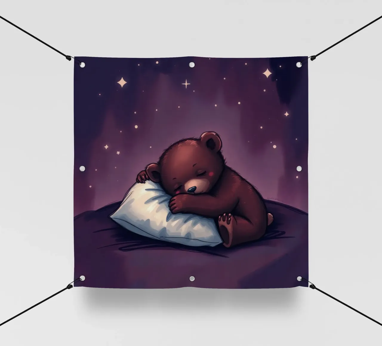 Un simpatico orso bruno coccola un cuscino sotto un cielo stellato telo in pvc da DesignDoodle