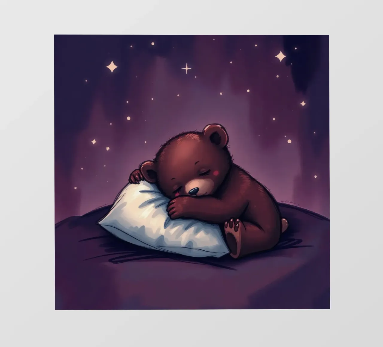 Un simpatico orso bruno coccola un cuscino sotto un cielo stellato telo in pvc da DesignDoodle