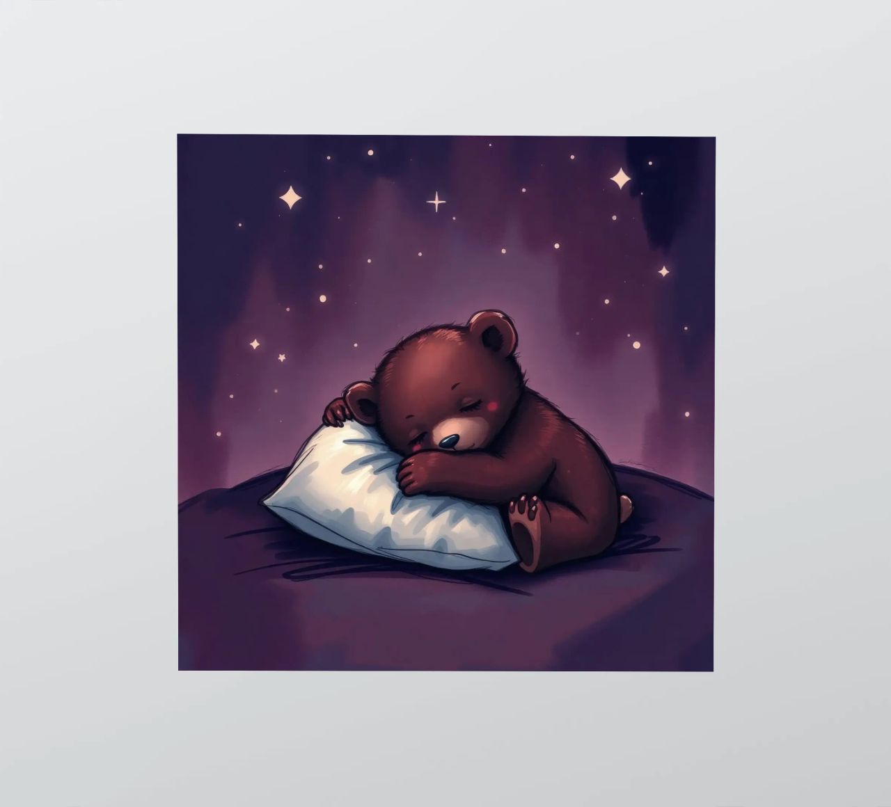 Un mignon ours brun câline un oreiller sous un ciel étoilé autocollant de DesignDoodle
