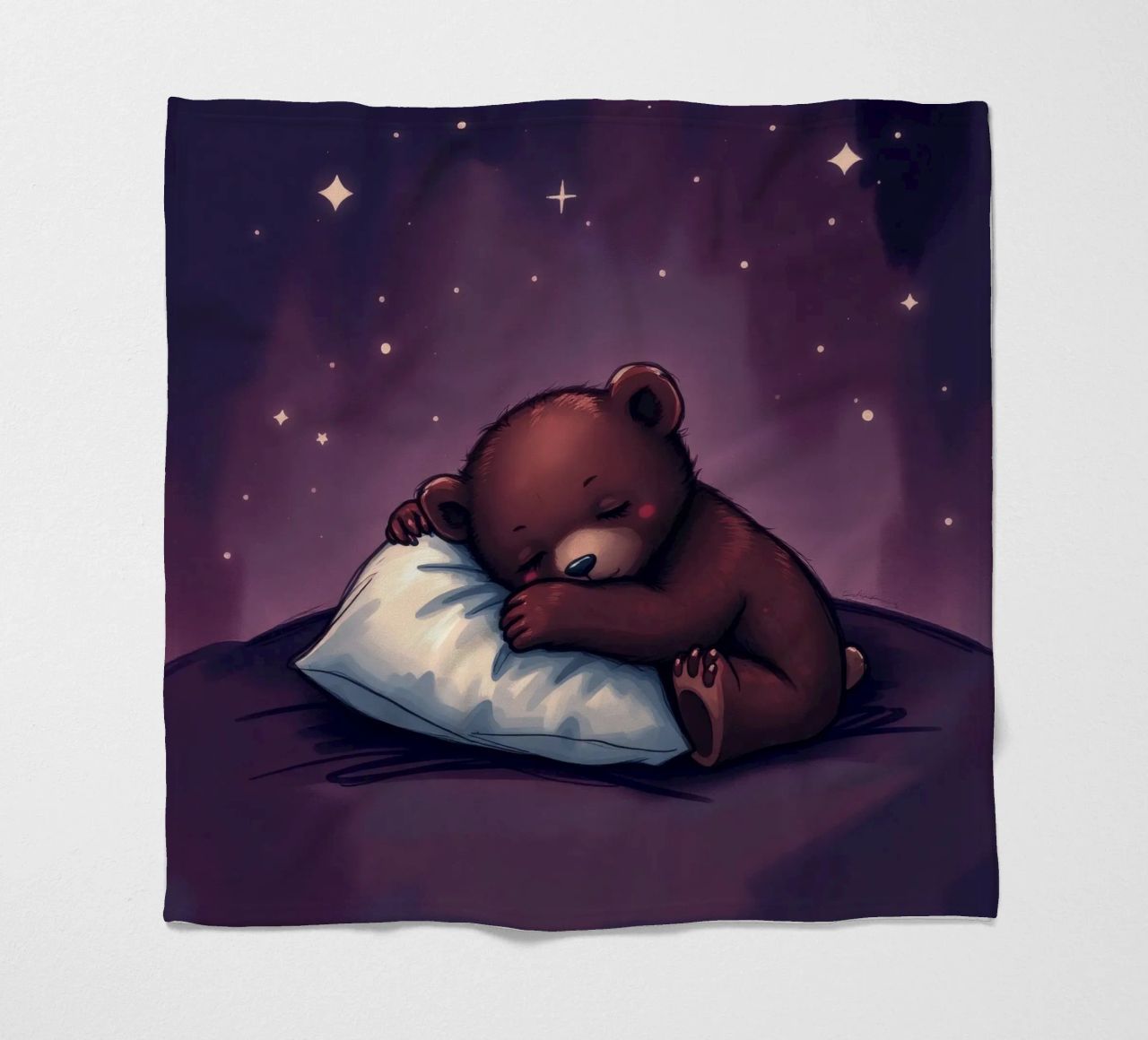 Un mignon ours brun câline un oreiller sous un ciel étoilé plaid polaire de DesignDoodle