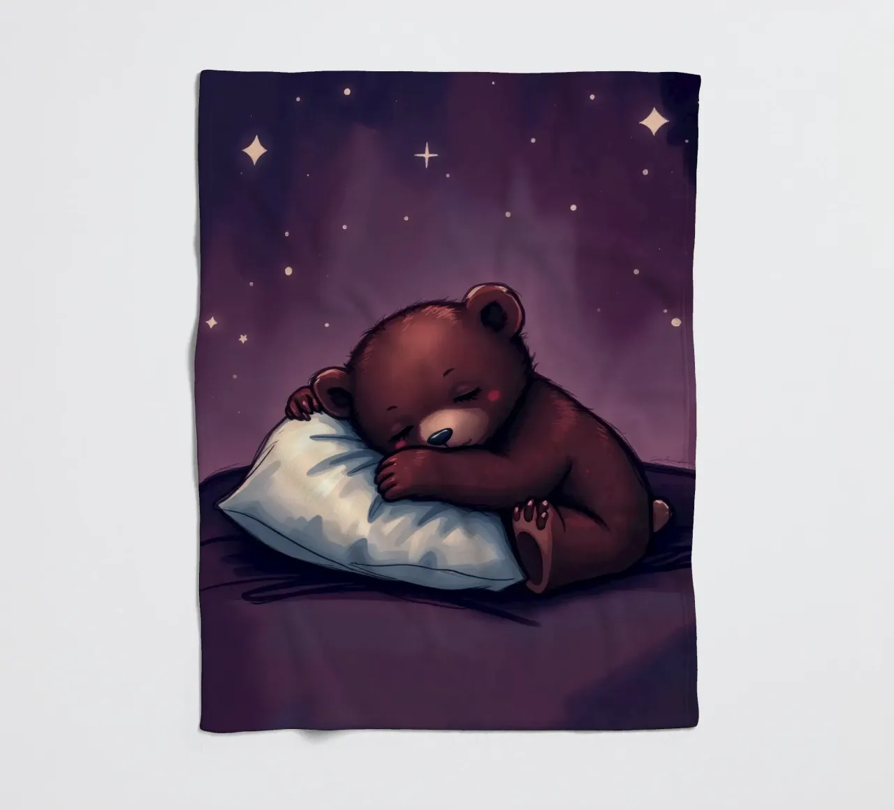 Un simpatico orso bruno coccola un cuscino sotto un cielo stellato coperta in pile da DesignDoodle