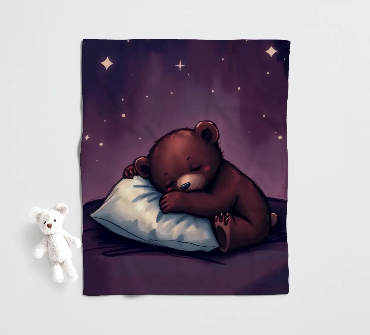Un simpatico orso bruno coccola un cuscino sotto un cielo stellato coperta in pile da DesignDoodle
