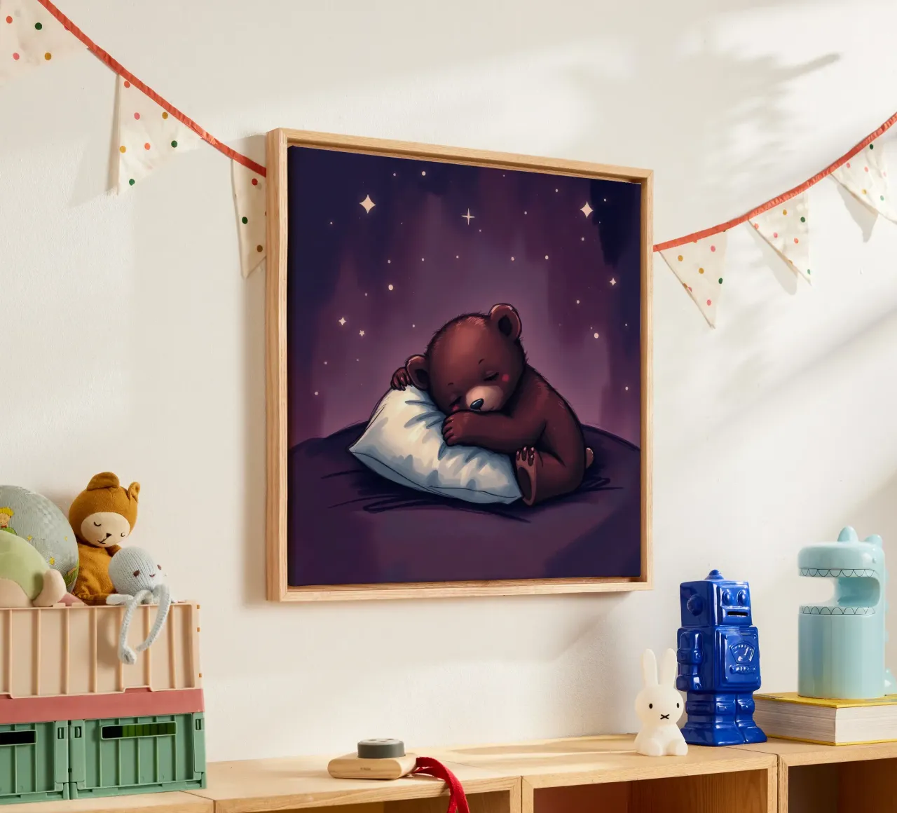 Un simpatico orso bruno coccola un cuscino sotto un cielo stellato tela con Cornice a cassetta da DesignDoodle