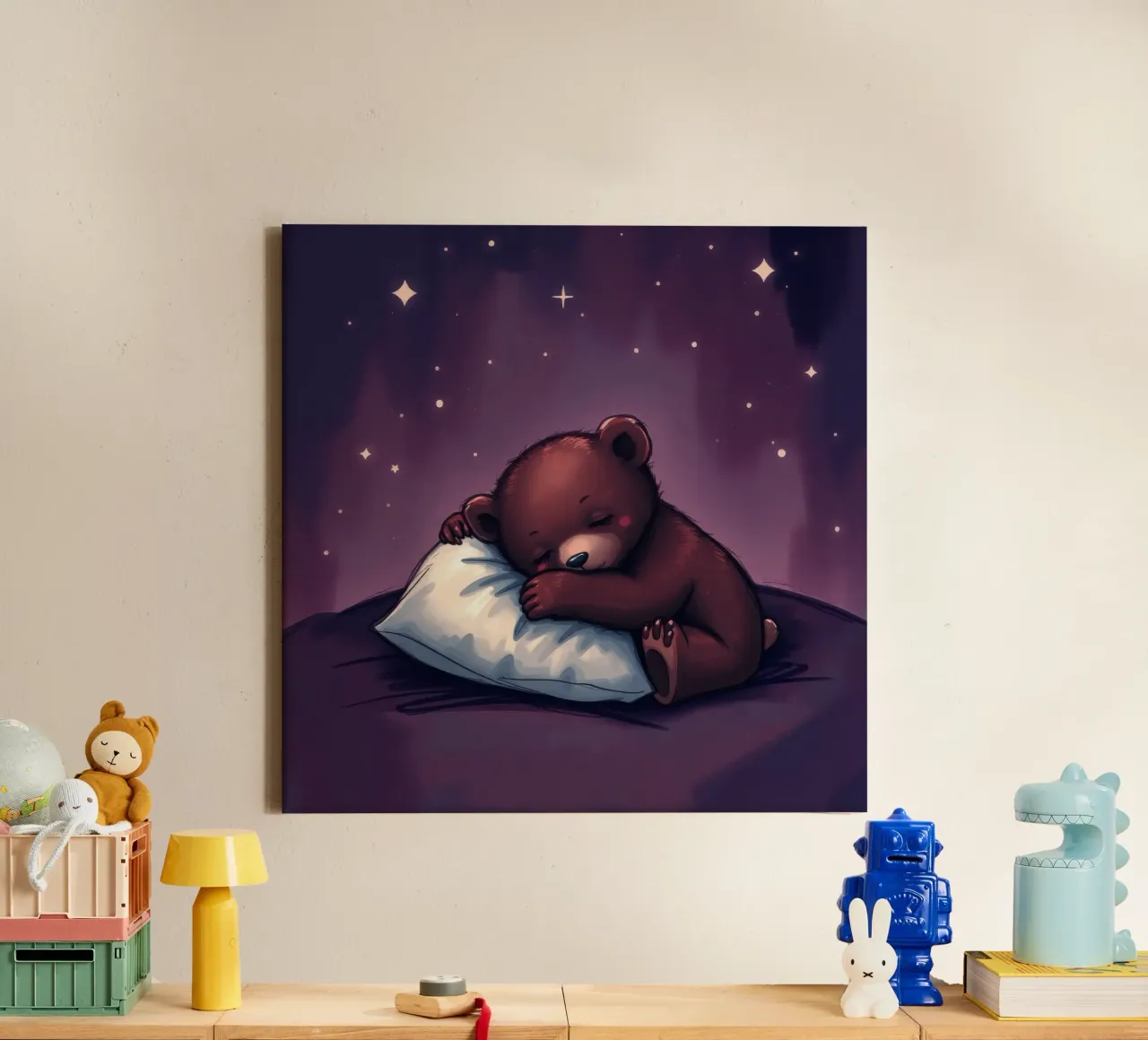 Un simpatico orso bruno coccola un cuscino sotto un cielo stellato tela con Cornice a cassetta da DesignDoodle