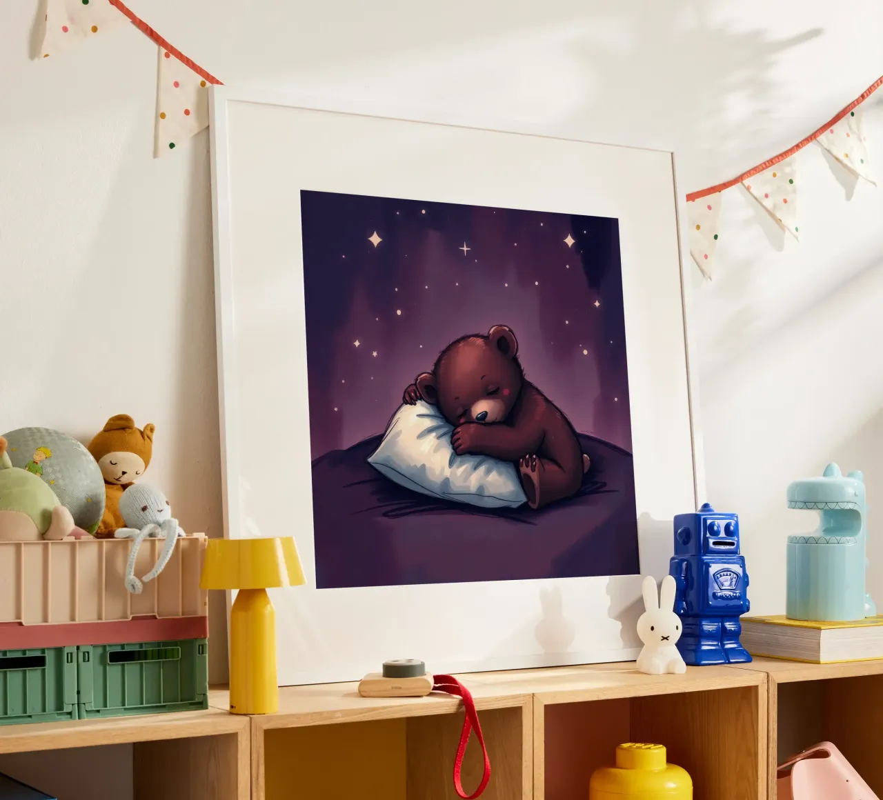 Un simpatico orso bruno coccola un cuscino sotto un cielo stellato carta hahnemühle da DesignDoodle