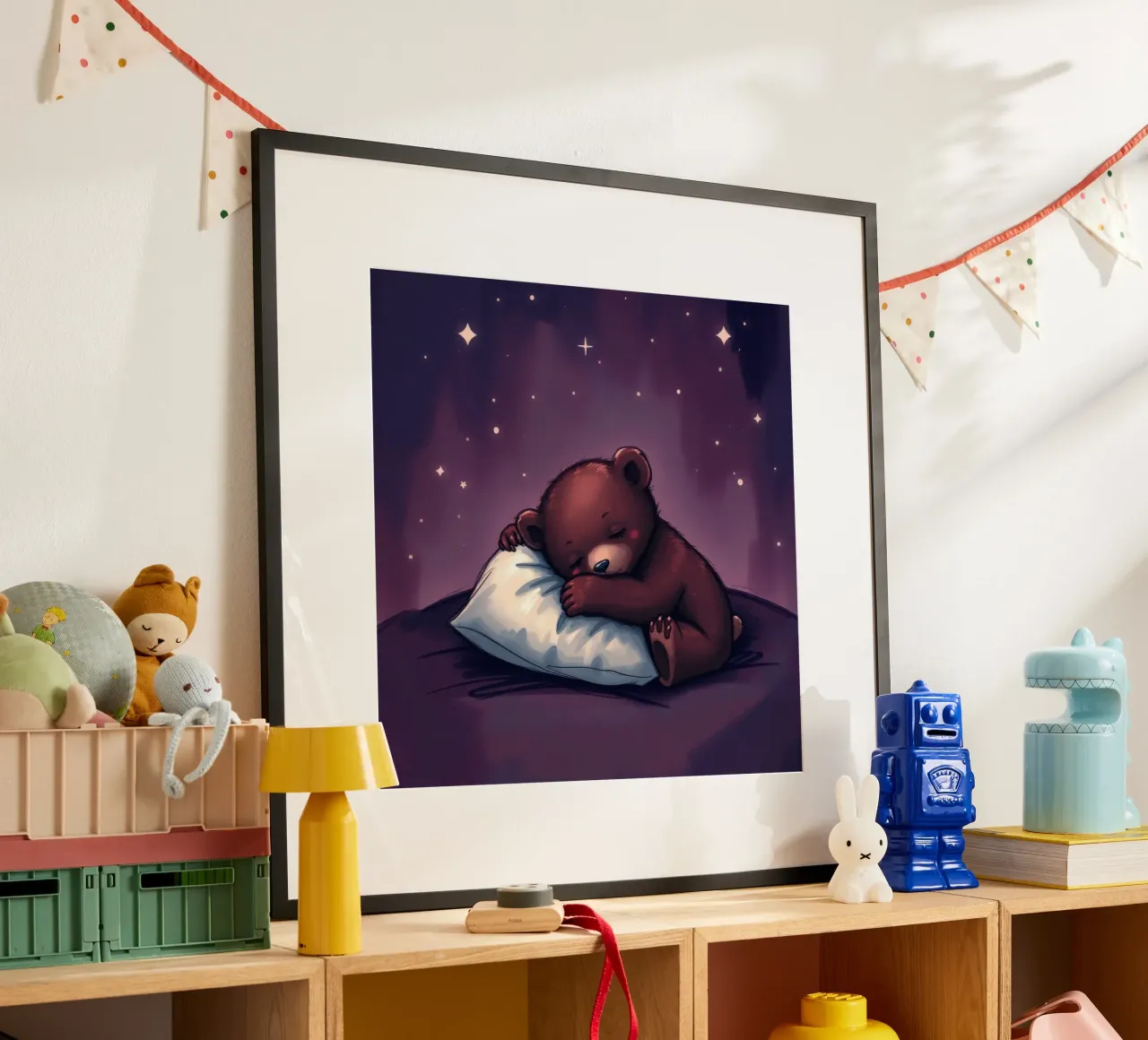 Un simpatico orso bruno coccola un cuscino sotto un cielo stellato carta hahnemühle da DesignDoodle