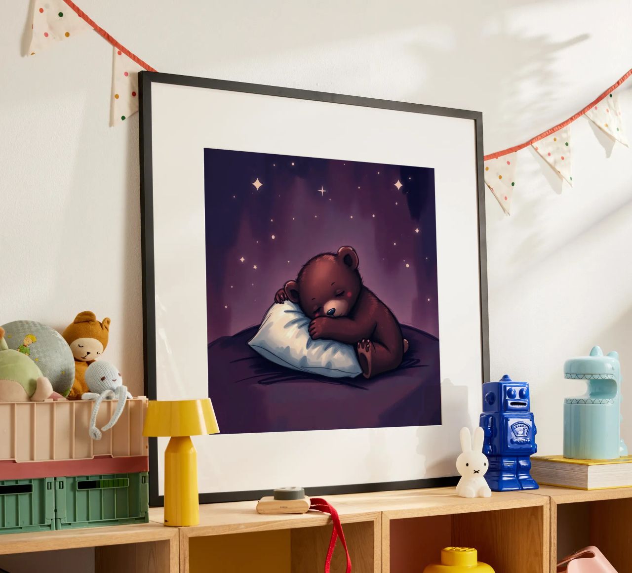 Un mignon ours brun câline un oreiller sous un ciel étoilé hahnemühle de DesignDoodle