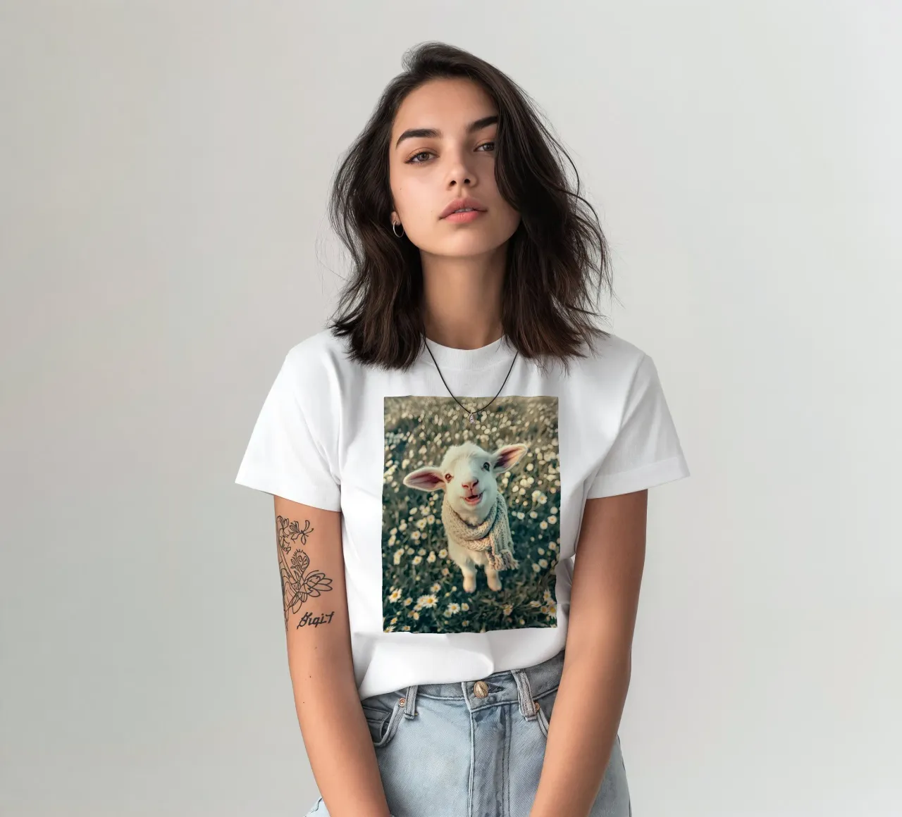 Agnello felice con sciarpa in piedi tra margherite in fiore t-shirt da DesignDoodle