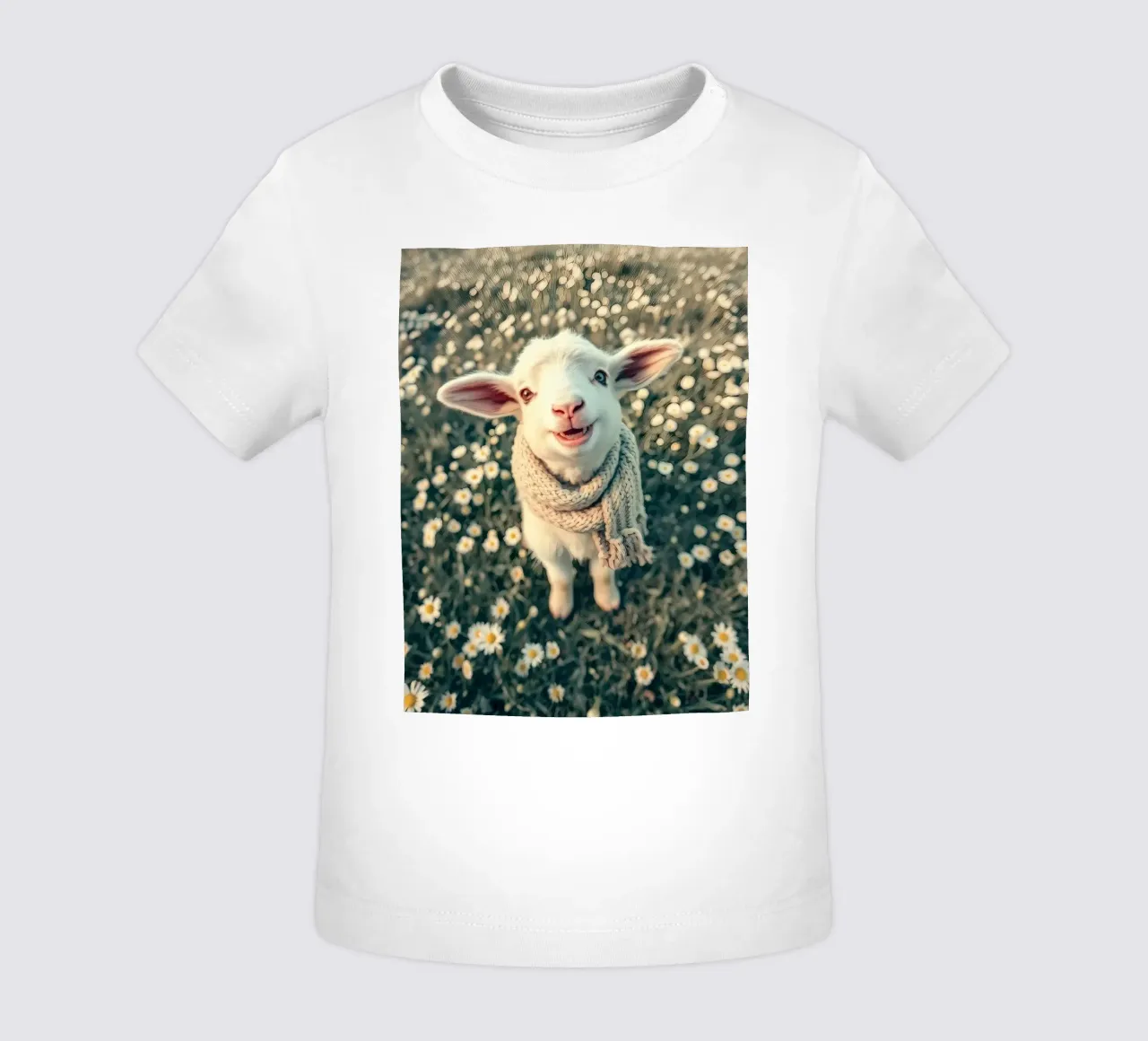 Agnello felice con sciarpa in piedi tra margherite in fiore maglietta neonato da DesignDoodle