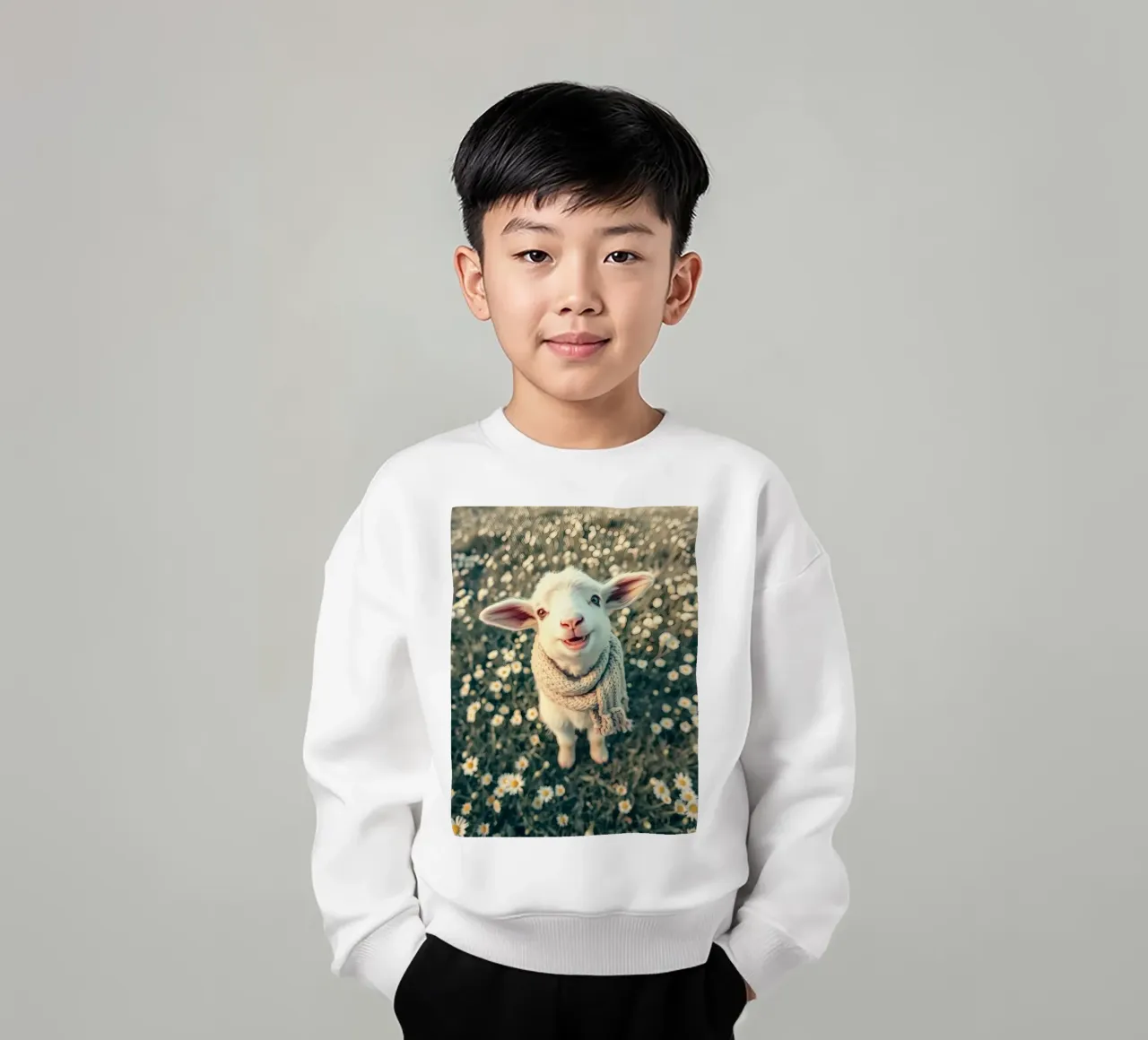 Agnello felice con sciarpa in piedi tra margherite in fiore felpa bambino da DesignDoodle