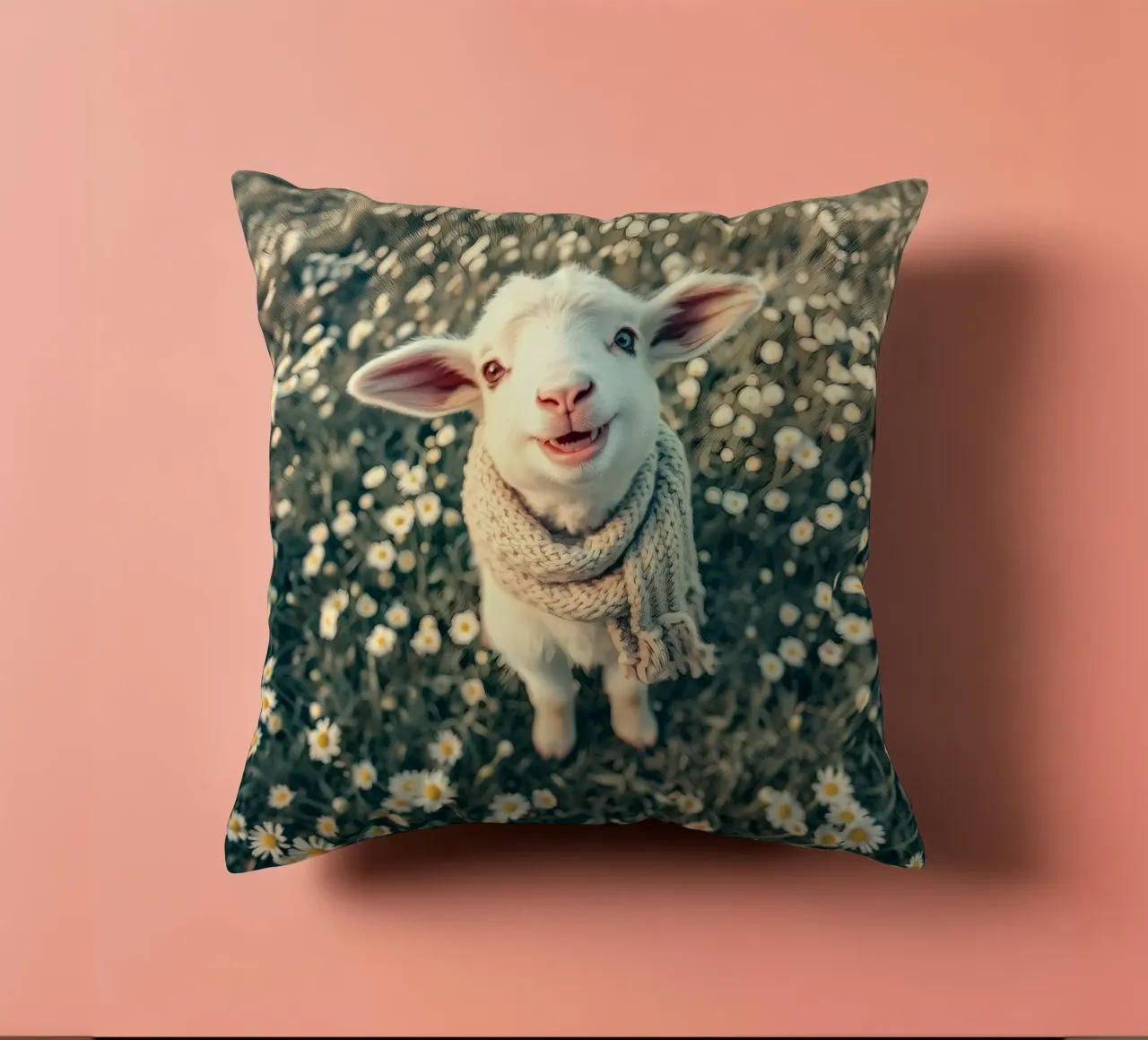 Agnello felice con sciarpa in piedi tra margherite in fiore cuscino da DesignDoodle