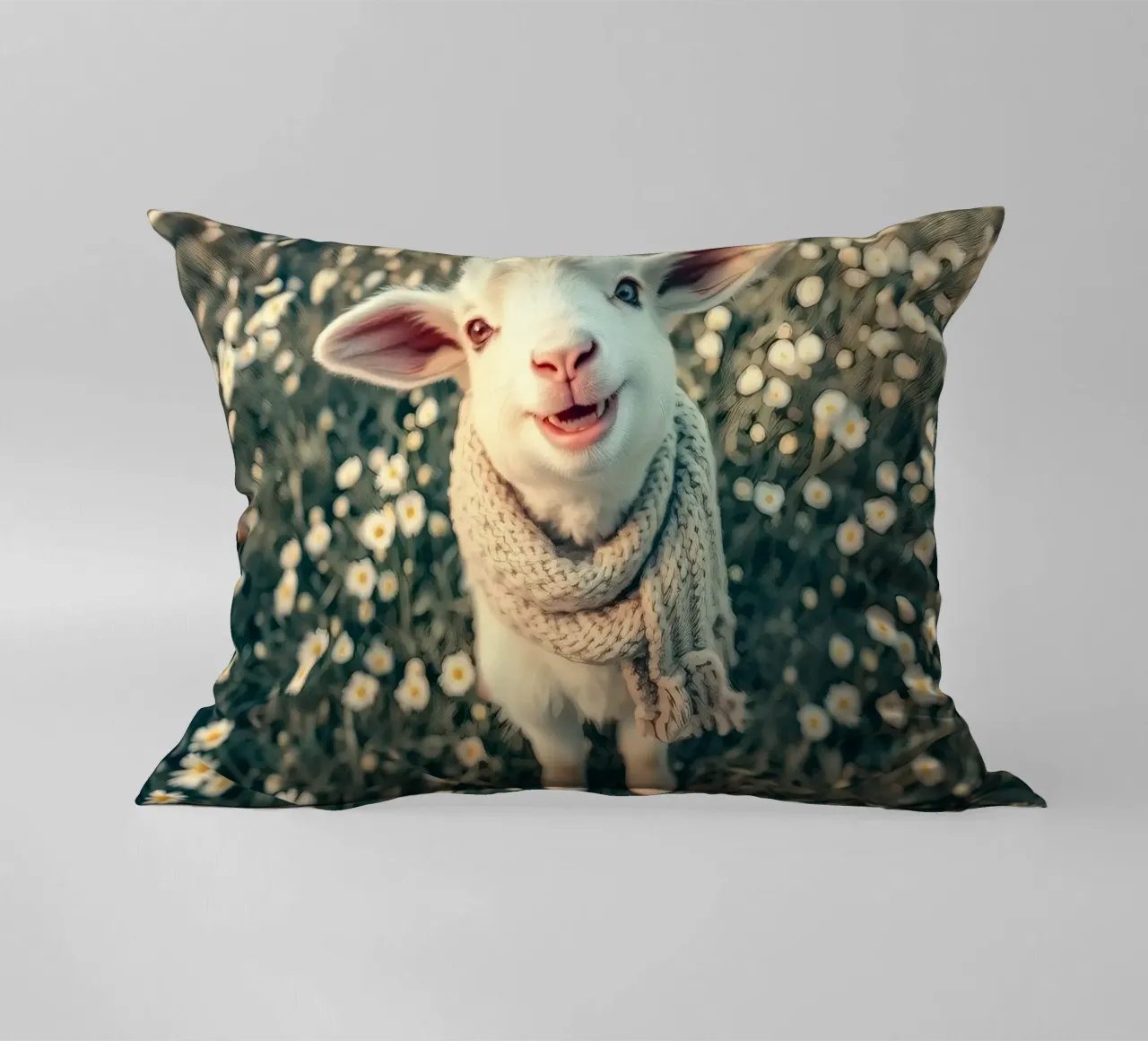 Agnello felice con sciarpa in piedi tra margherite in fiore cuscino da DesignDoodle