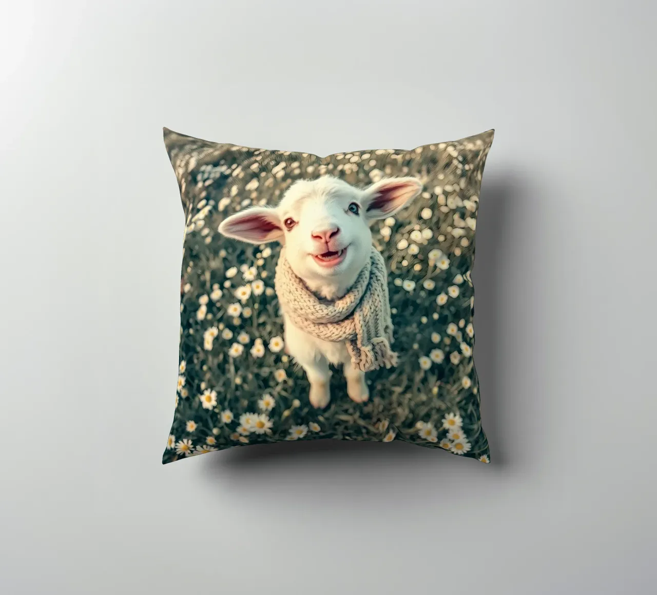 Agnello felice con sciarpa in piedi tra margherite in fiore cuscino da DesignDoodle