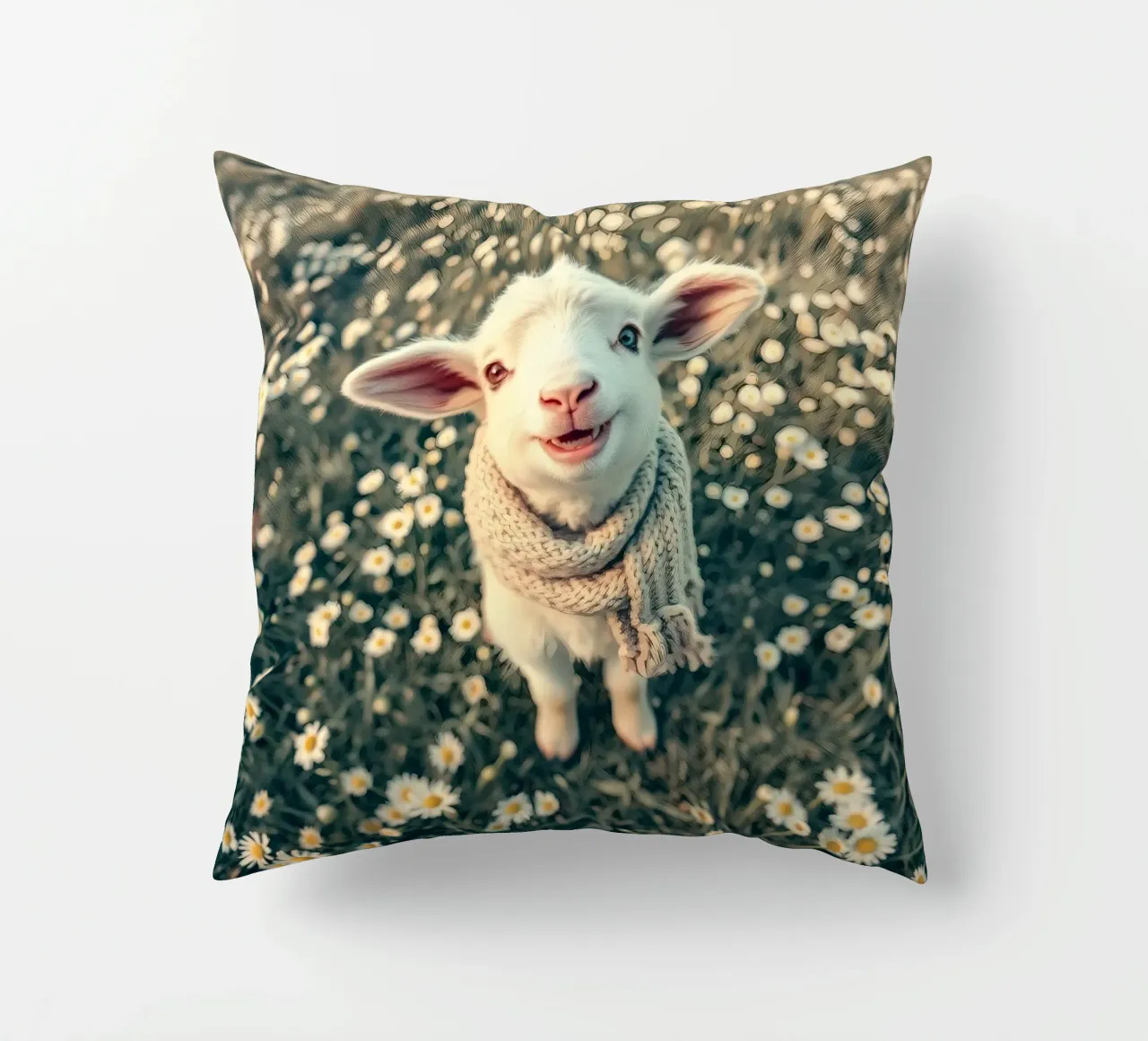 Agnello felice con sciarpa in piedi tra margherite in fiore cuscino da DesignDoodle