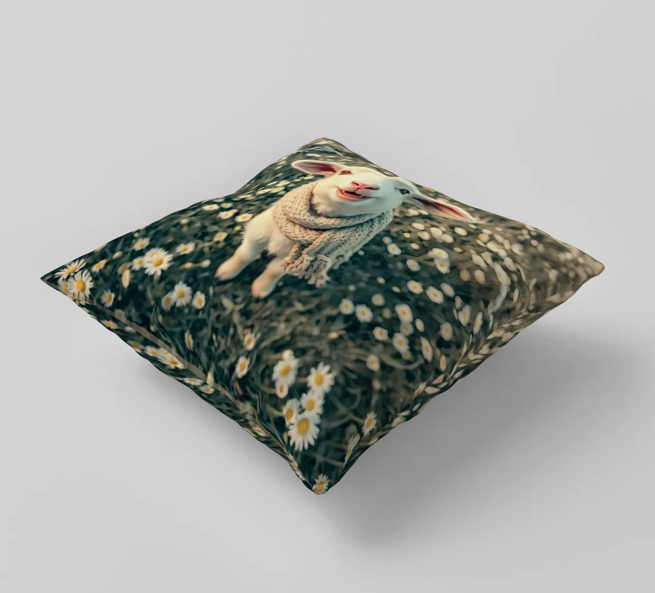 Agnello felice con sciarpa in piedi tra margherite in fiore cuscino da DesignDoodle