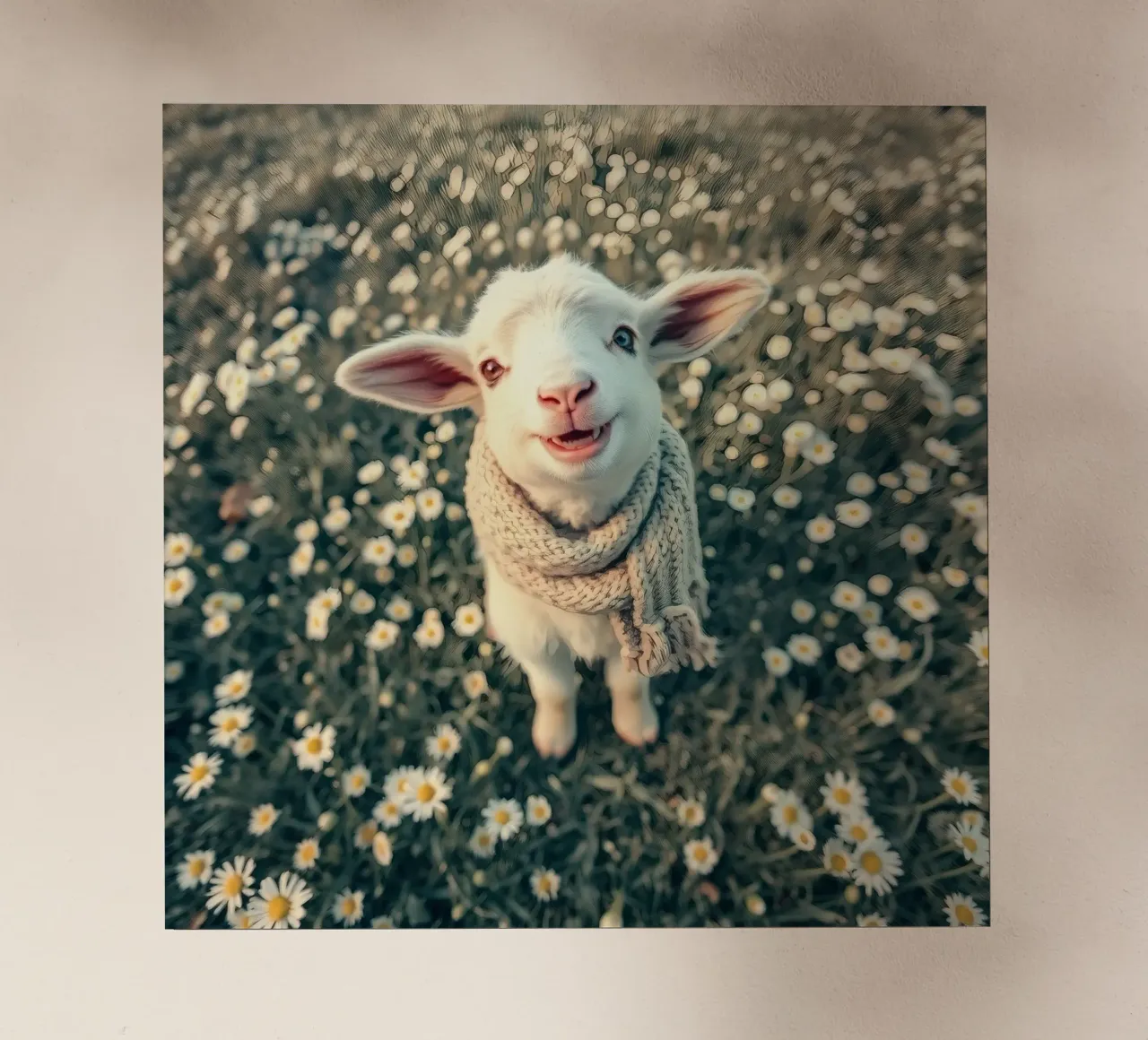 Agnello felice con sciarpa in piedi tra margherite in fiore pellicola backlit da DesignDoodle