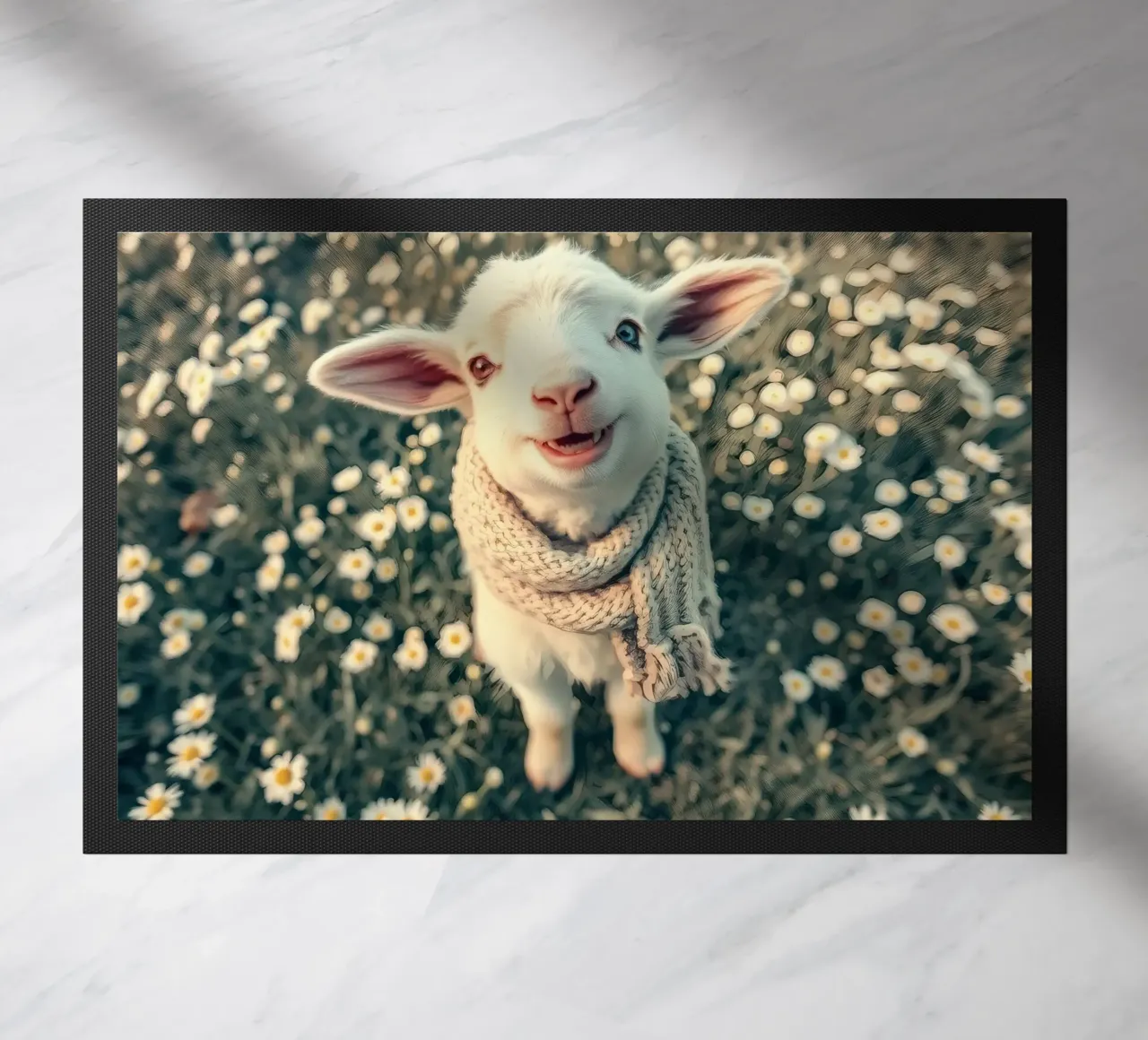Agnello felice con sciarpa in piedi tra margherite in fiore zerbino da DesignDoodle