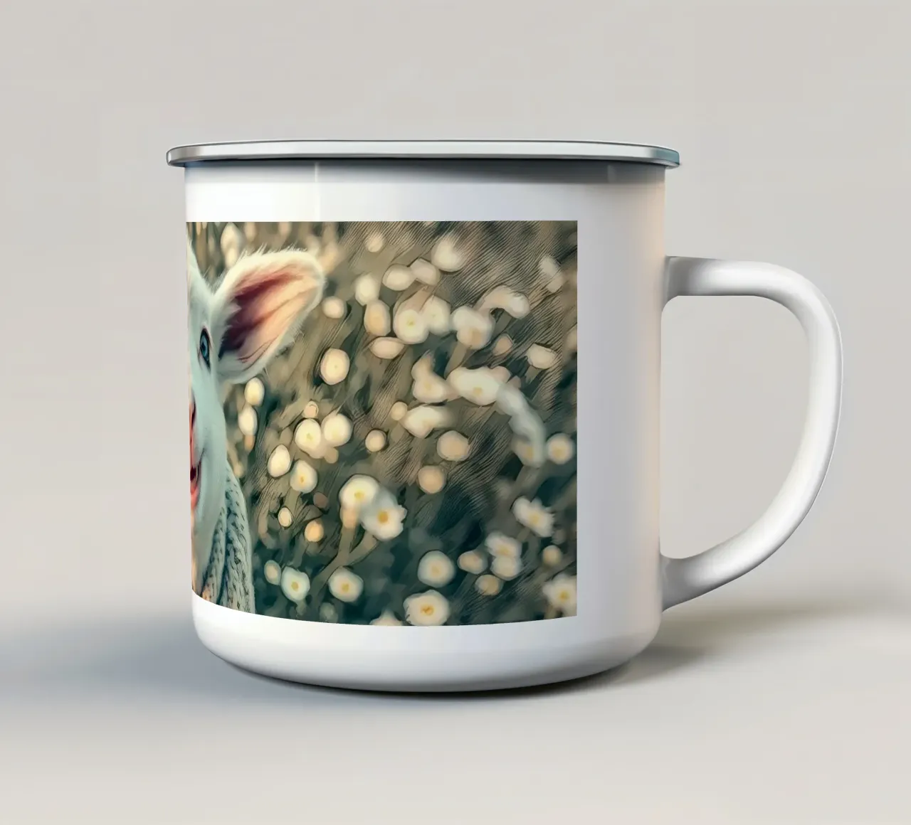 Agnello felice con sciarpa in piedi tra margherite in fiore tazza in smalto da DesignDoodle
