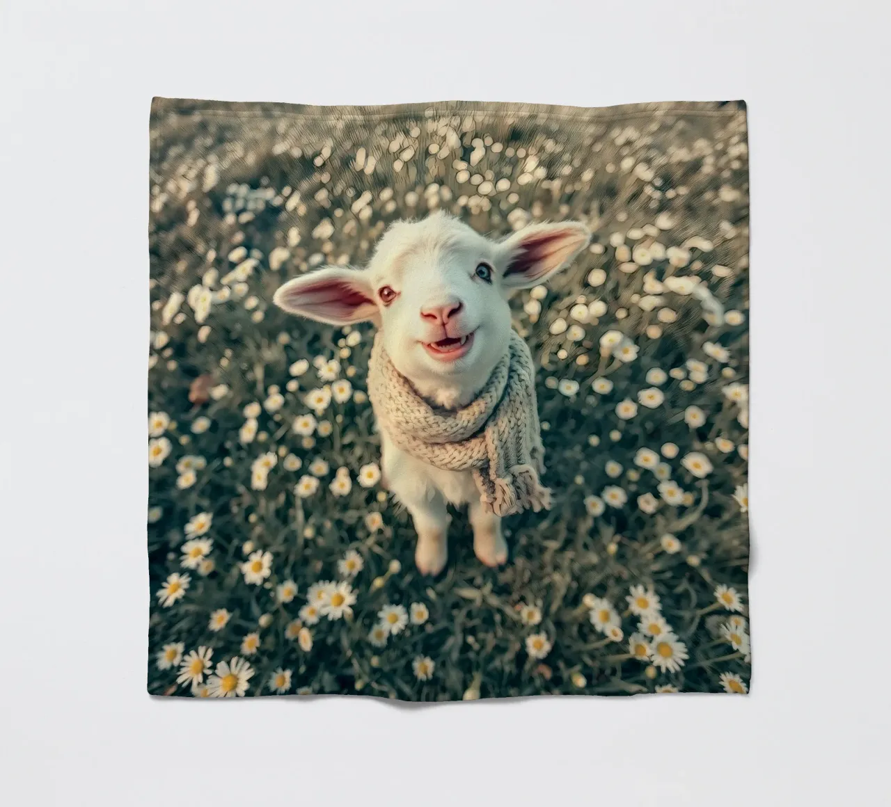 Agnello felice con sciarpa in piedi tra margherite in fiore coperta in pile da DesignDoodle