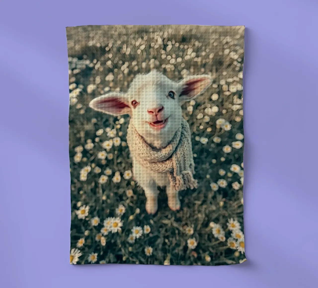 Agnello felice con sciarpa in piedi tra margherite in fiore canovaccio da cucina da DesignDoodle