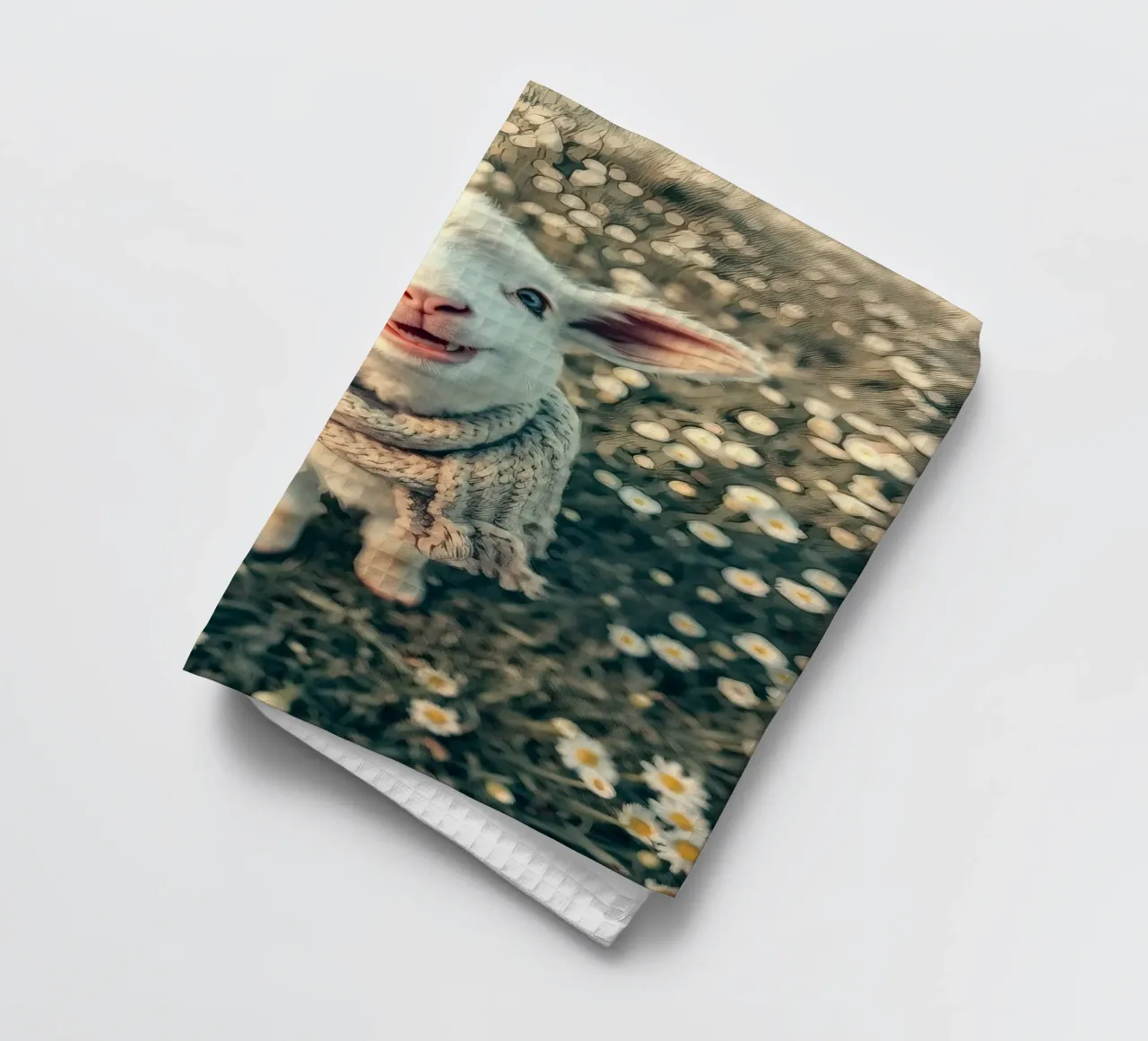 Agnello felice con sciarpa in piedi tra margherite in fiore canovaccio da cucina da DesignDoodle