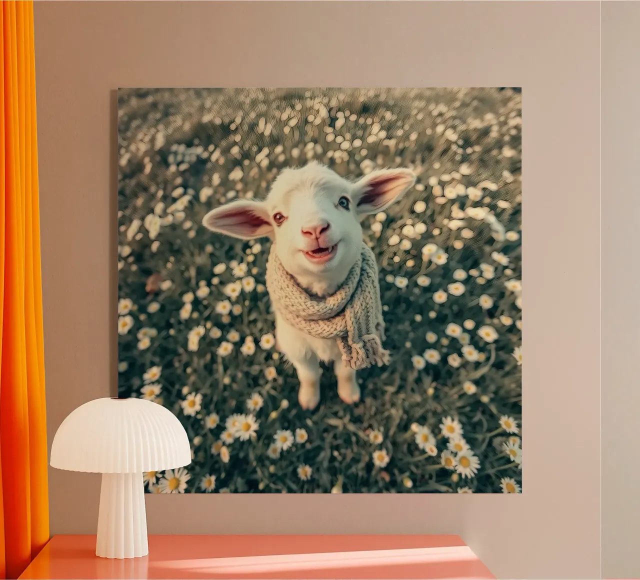 Agnello felice con sciarpa in piedi tra margherite in fiore plexiglass da DesignDoodle