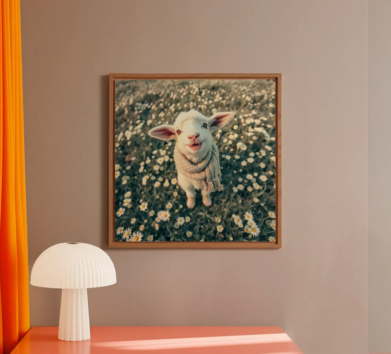 Agnello felice con sciarpa in piedi tra margherite in fiore alluminio dibond da DesignDoodle