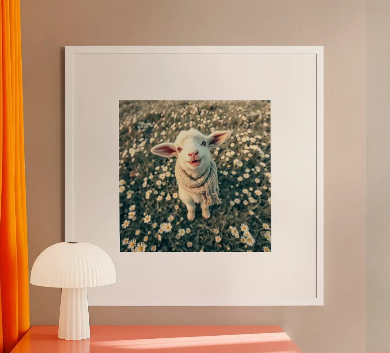 Agnello felice con sciarpa in piedi tra margherite in fiore carta hahnemühle da DesignDoodle