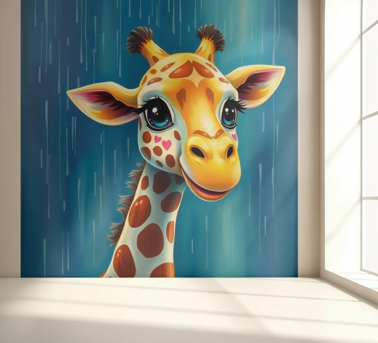 Giraffe with big eyes gazing happily in a colorful art style photo wallpaper by DesignDoodle
