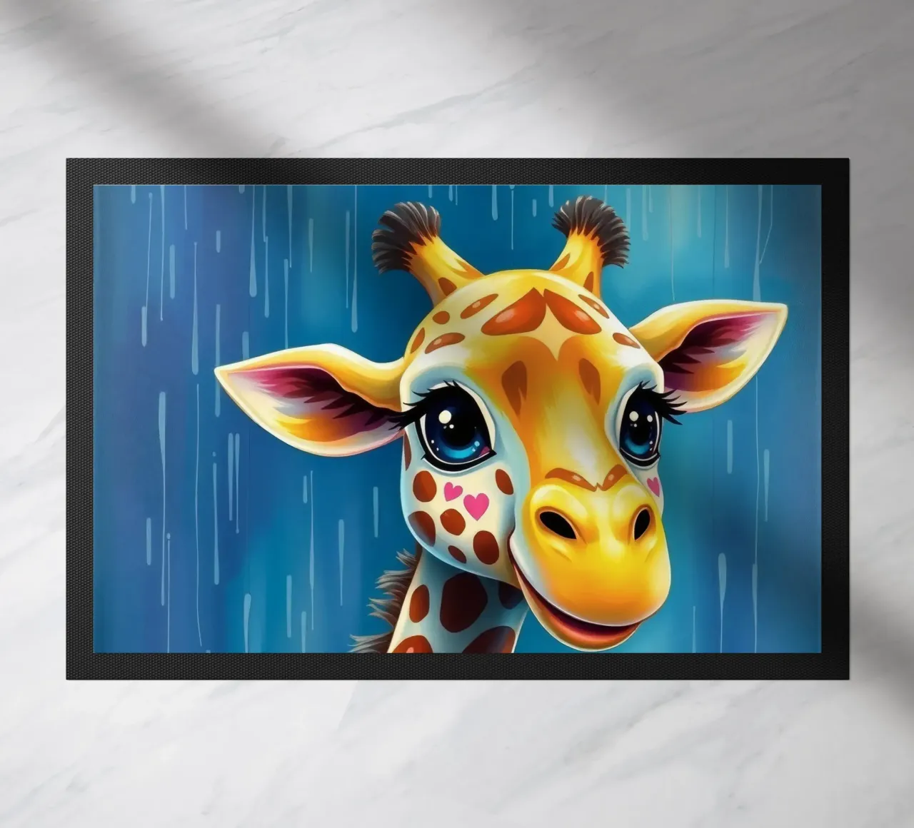Girafe aux grands yeux regardant joyeusement dans un style artistique coloré paillasson de DesignDoodle