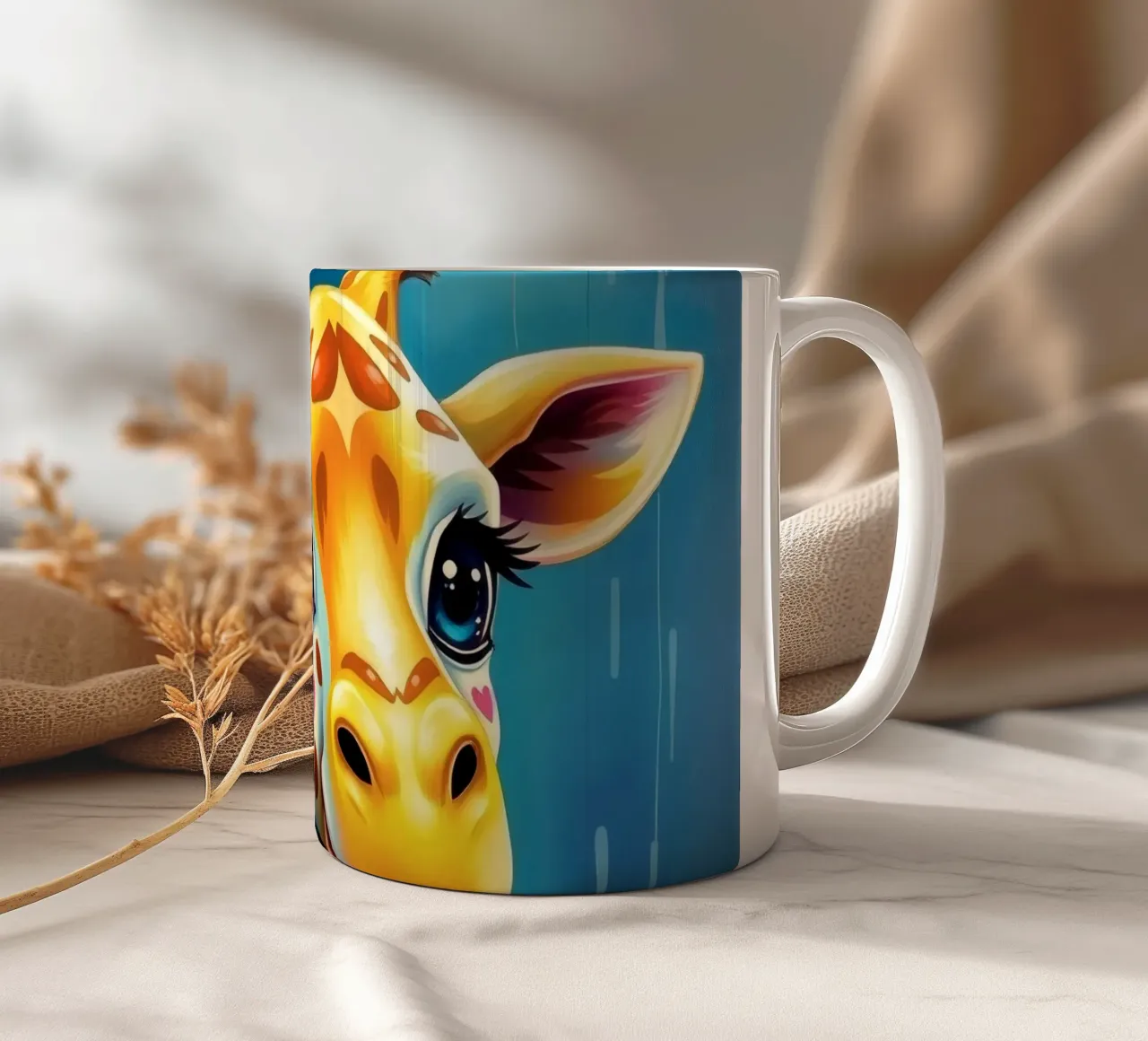 Girafe aux grands yeux regardant joyeusement dans un style artistique coloré mug en céramique de DesignDoodle