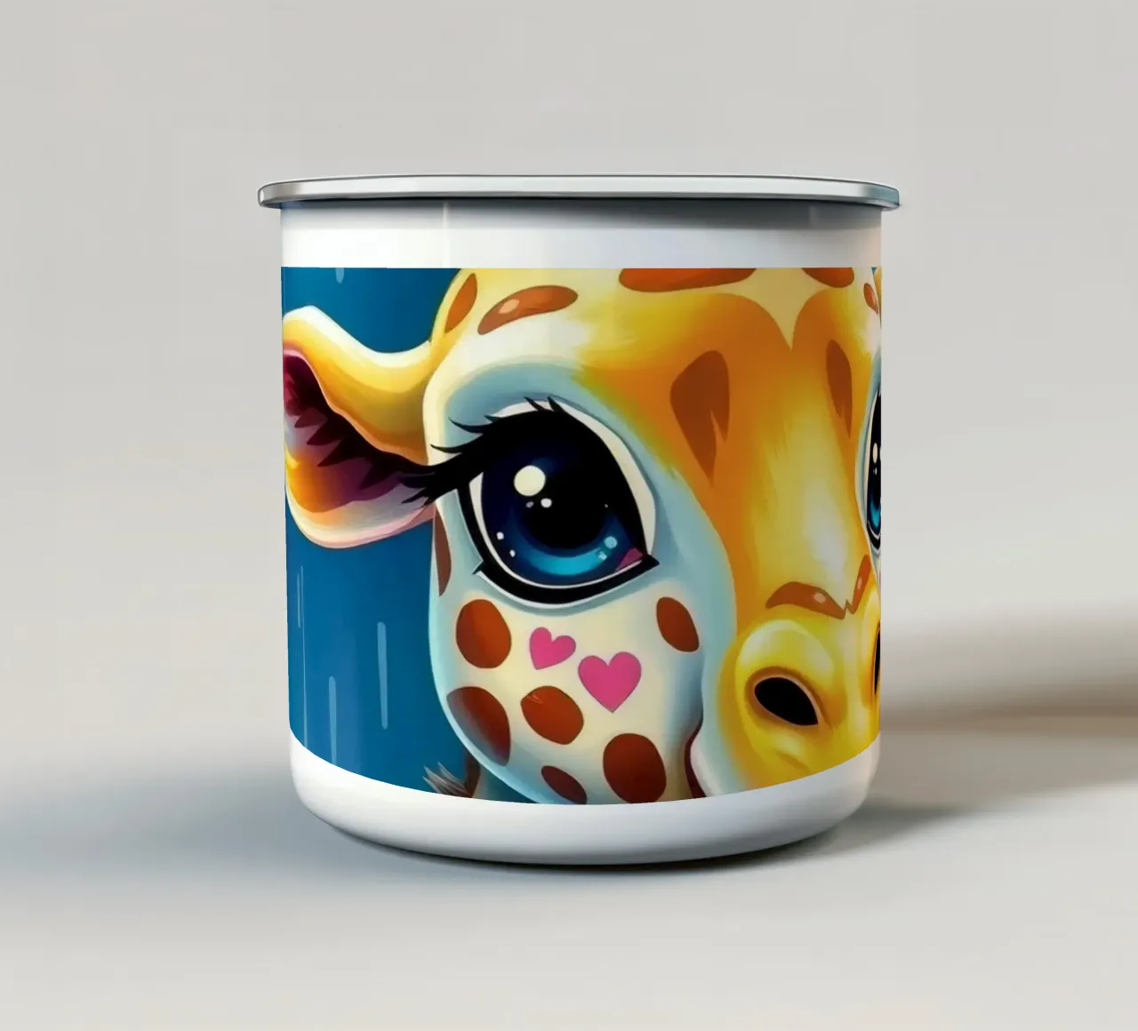 Giraffa con grandi occhi che guardano felici in uno stile artistico colorato tazza in smalto da DesignDoodle