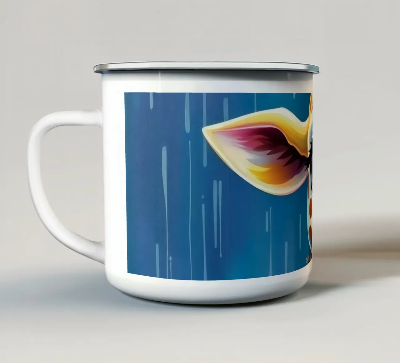 Giraffa con grandi occhi che guardano felici in uno stile artistico colorato tazza in smalto da DesignDoodle