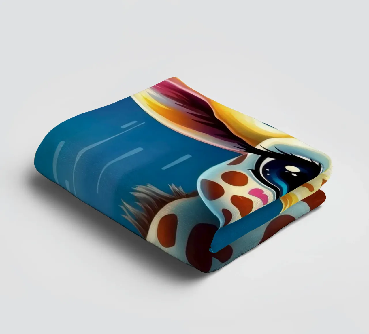 Giraffe with big eyes gazing happily in a colorful art style towel by DesignDoodle