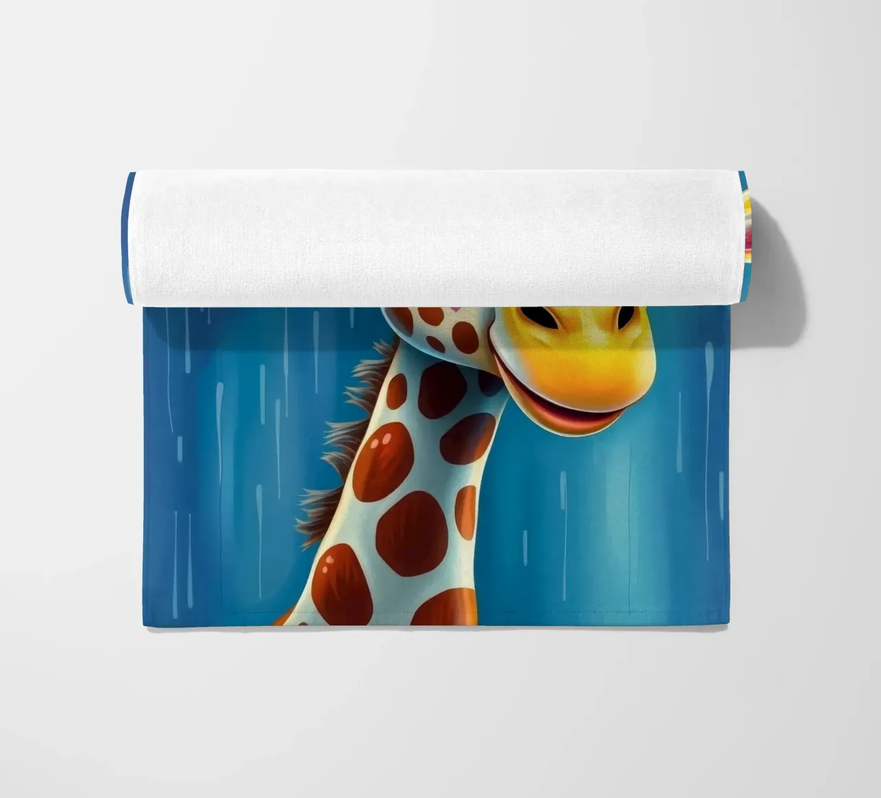 Giraffe with big eyes gazing happily in a colorful art style beach towel by DesignDoodle
