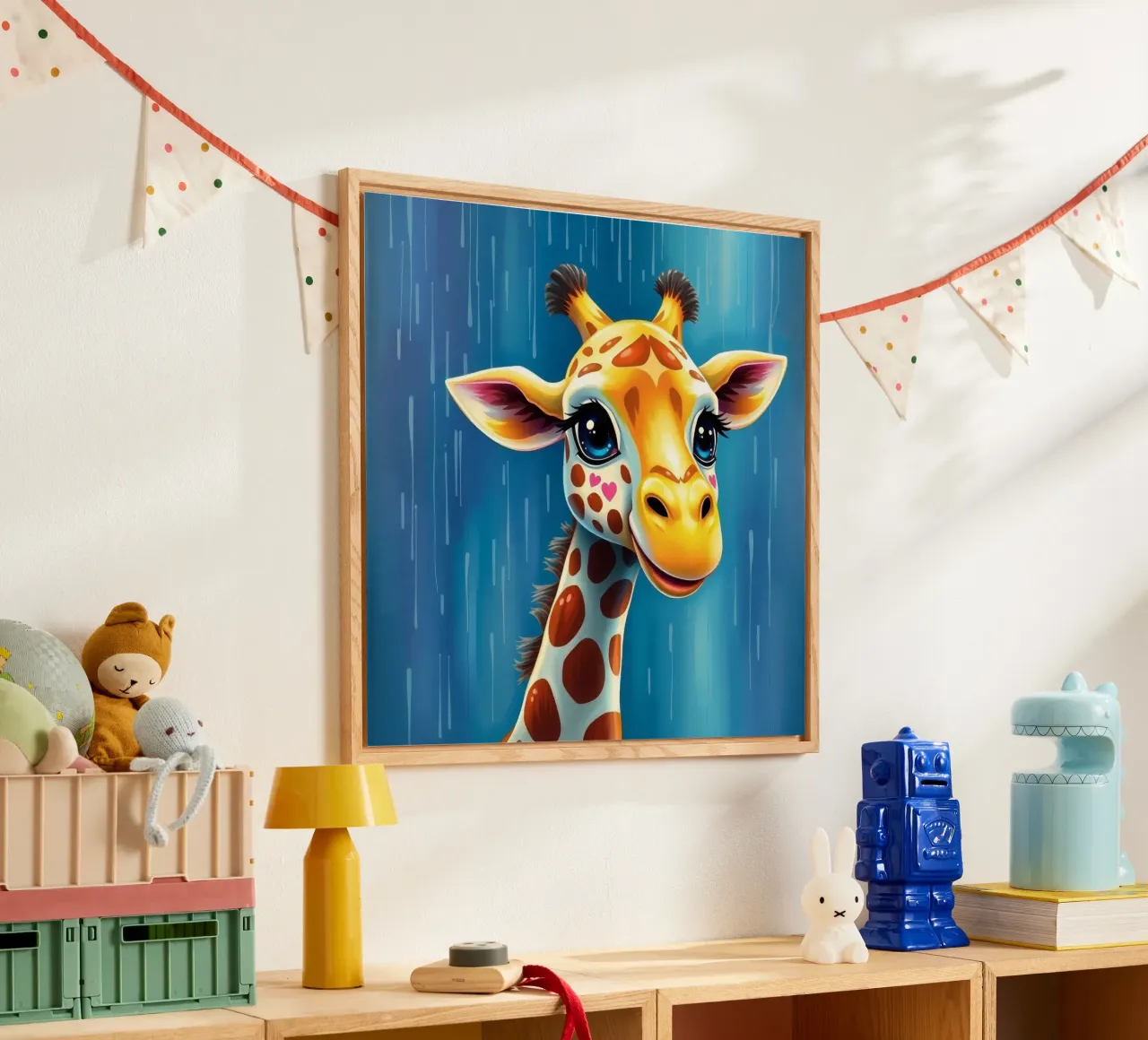 Giraffe met grote ogen vrolijk starend in een kleurrijke kunststijl acryl van DesignDoodle